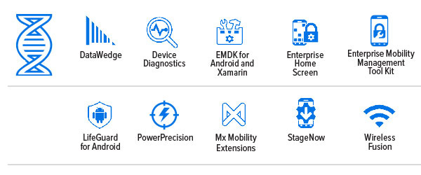 WS50 RFID Android 佩戴式数据终端规格表 Mobility DNA 图标：DataWedge，设备诊断，EMDK Android 版和 Xamarin 版，企业主界面，企业移动管理工具套件，LifeGuard for Android，PowerPrecision，Mx Mobility Extensions，StageNow，Wireless Fusion