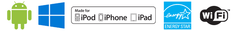 Kompatibilitätssymbole: Android, Windows, Made for iPod, iPhone und iPad, Energy Star, Wi-Fi