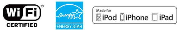 Iconos de compatibilidad de las impresoras de sobremesa ZD620 Healthcare: Icono de Wi-Fi Certificado, icono de Energy Star, icono de Hecha para iPod, iPhone e iPad