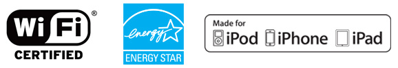 Íconos de compatibilidad de las impresoras de escritorio ZD620 para el cuidado de la salud: ícono de WiFi Certified, ícono de Energy Star e ícono de Made for iPod, iPhone, iPad