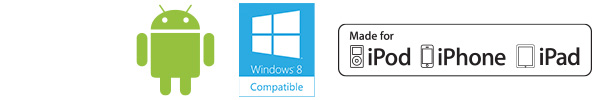 Iconos de compatibilidad con la impresora móvil ZQ220 Plus: Android, Compatible con Windows, Made for iPod, iPhone, iPad