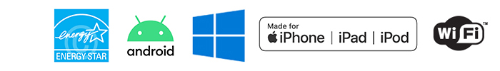 Ikony zgodności drukarek mobilnych serii ZQ600: Android, Windows, Made for iPod, iPhone, iPad i Wi-Fi
