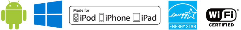 Iconos de compatibilidad de la impresora industrial ZT231: Android, Windows, Made for iPod, iPhone, iPad, Energy Star, Wi-Fi Certified