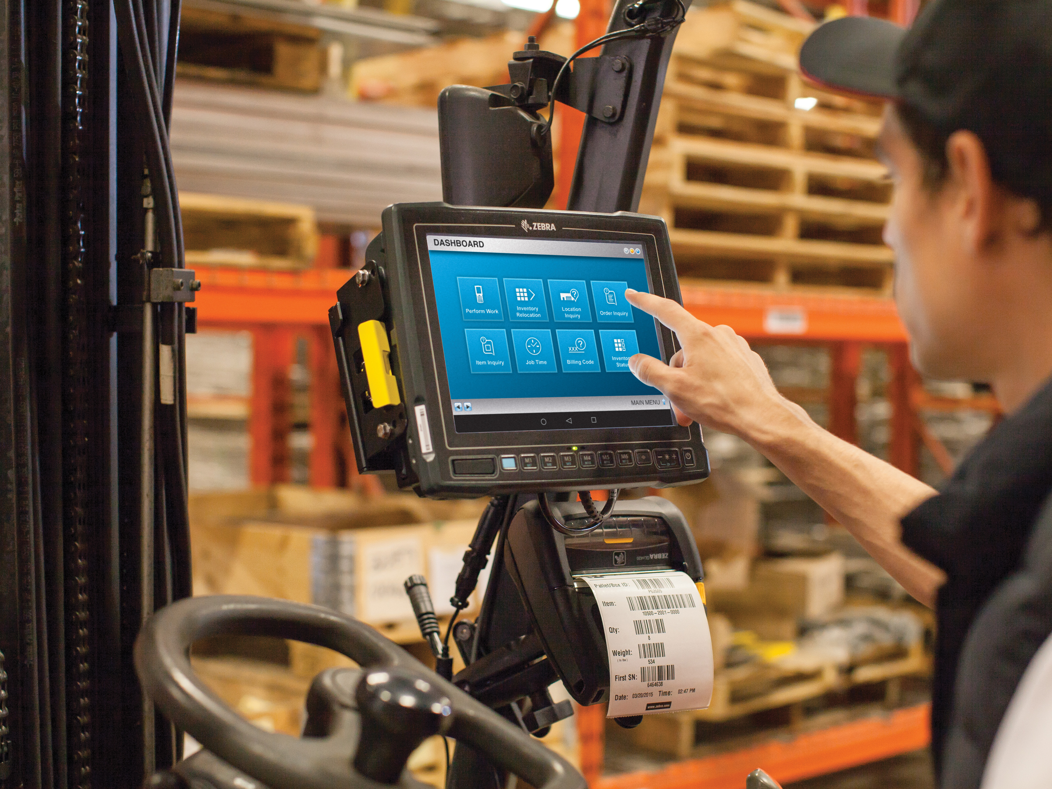 Zebra mobile computer mounted on a warehouse forklift