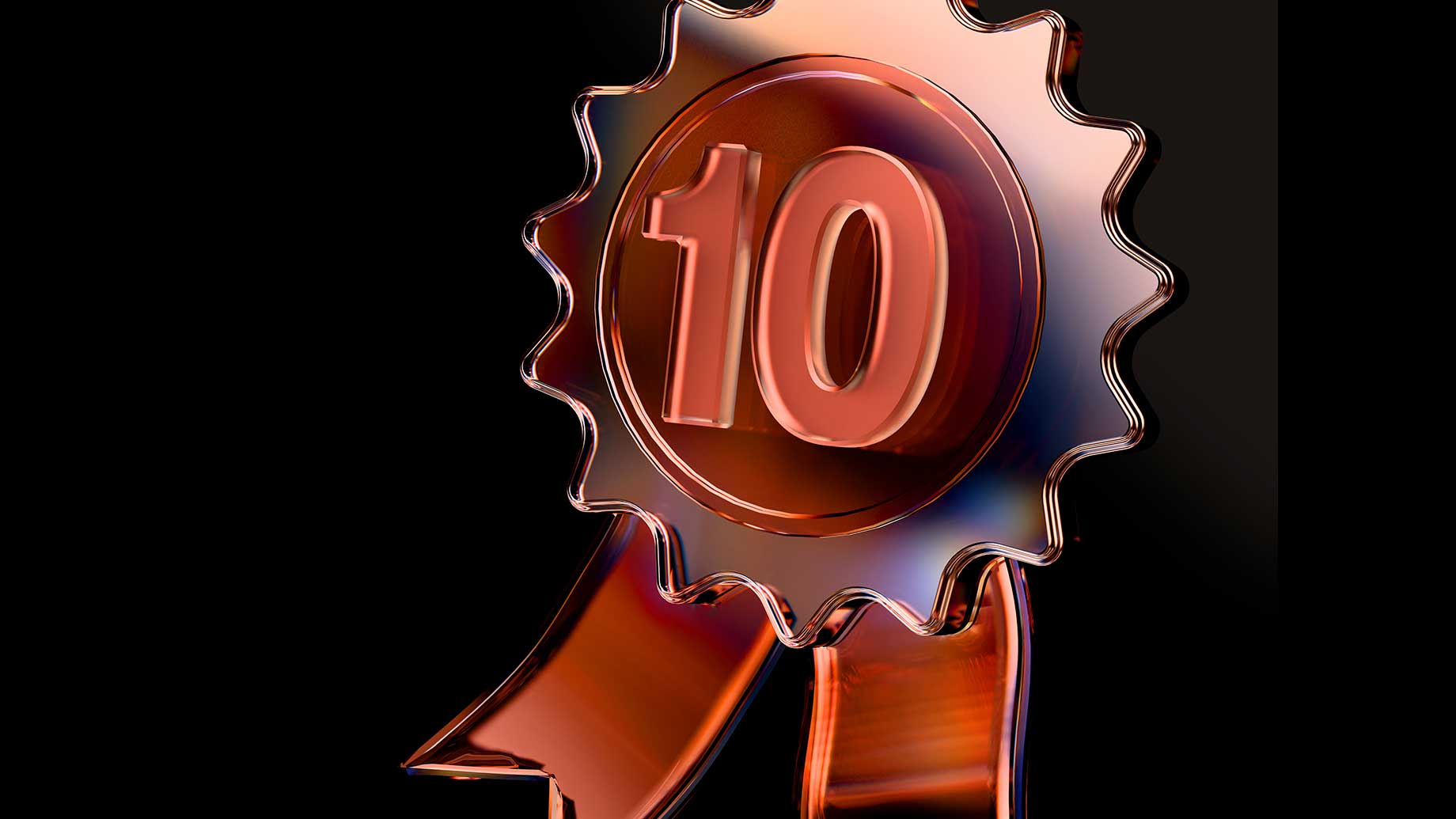 Copper award ribbon with number 10 on black background