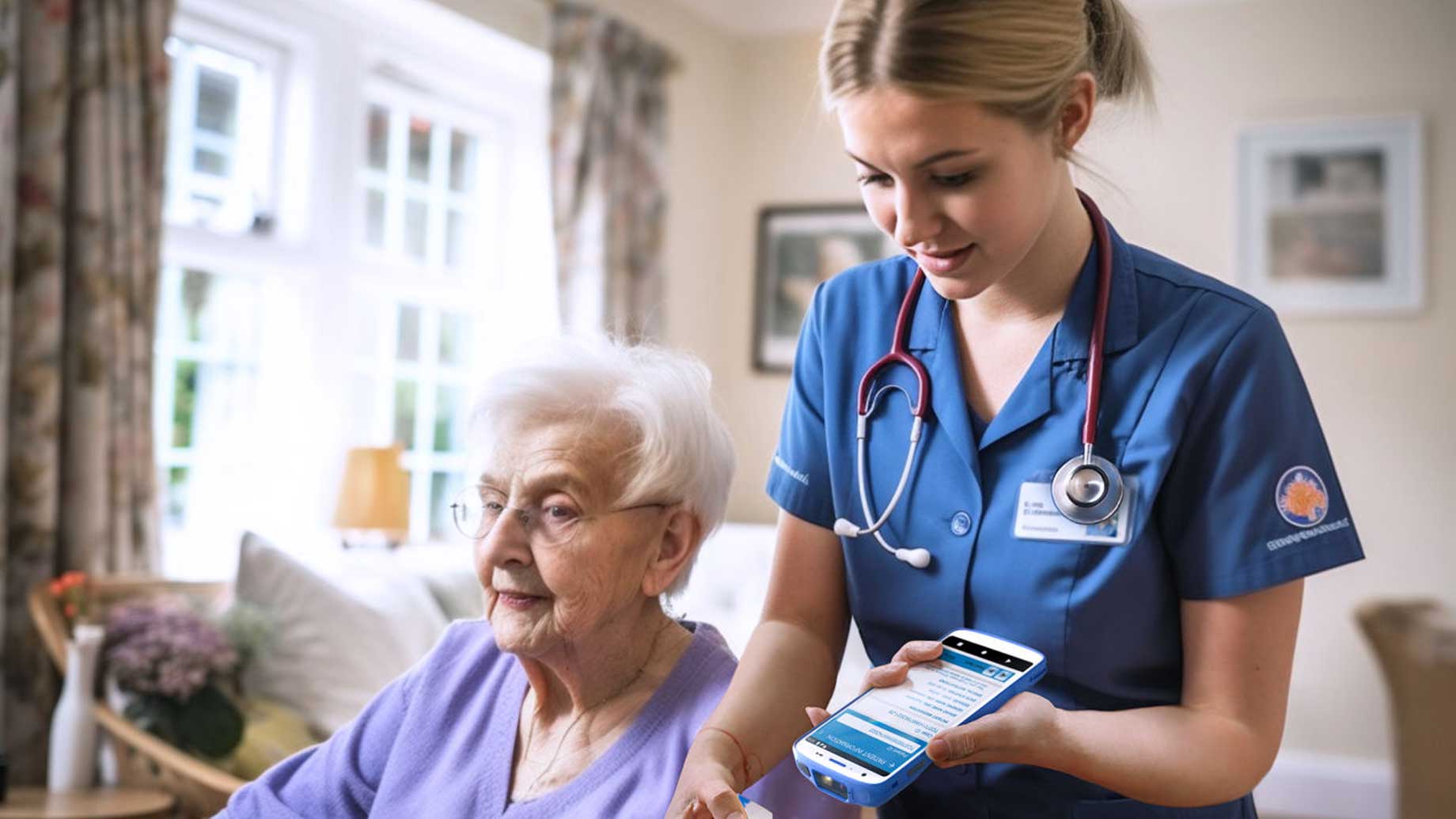 Nurse using Zebra mobile device with elderly patient