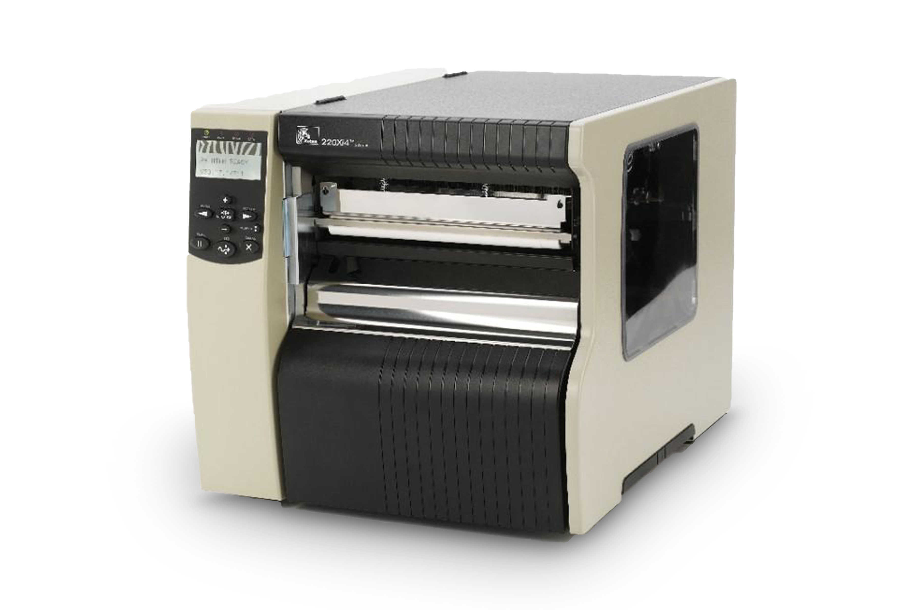 Zebra 220xi4 industrial printer with thermal transfer, clear media side door and media hanger