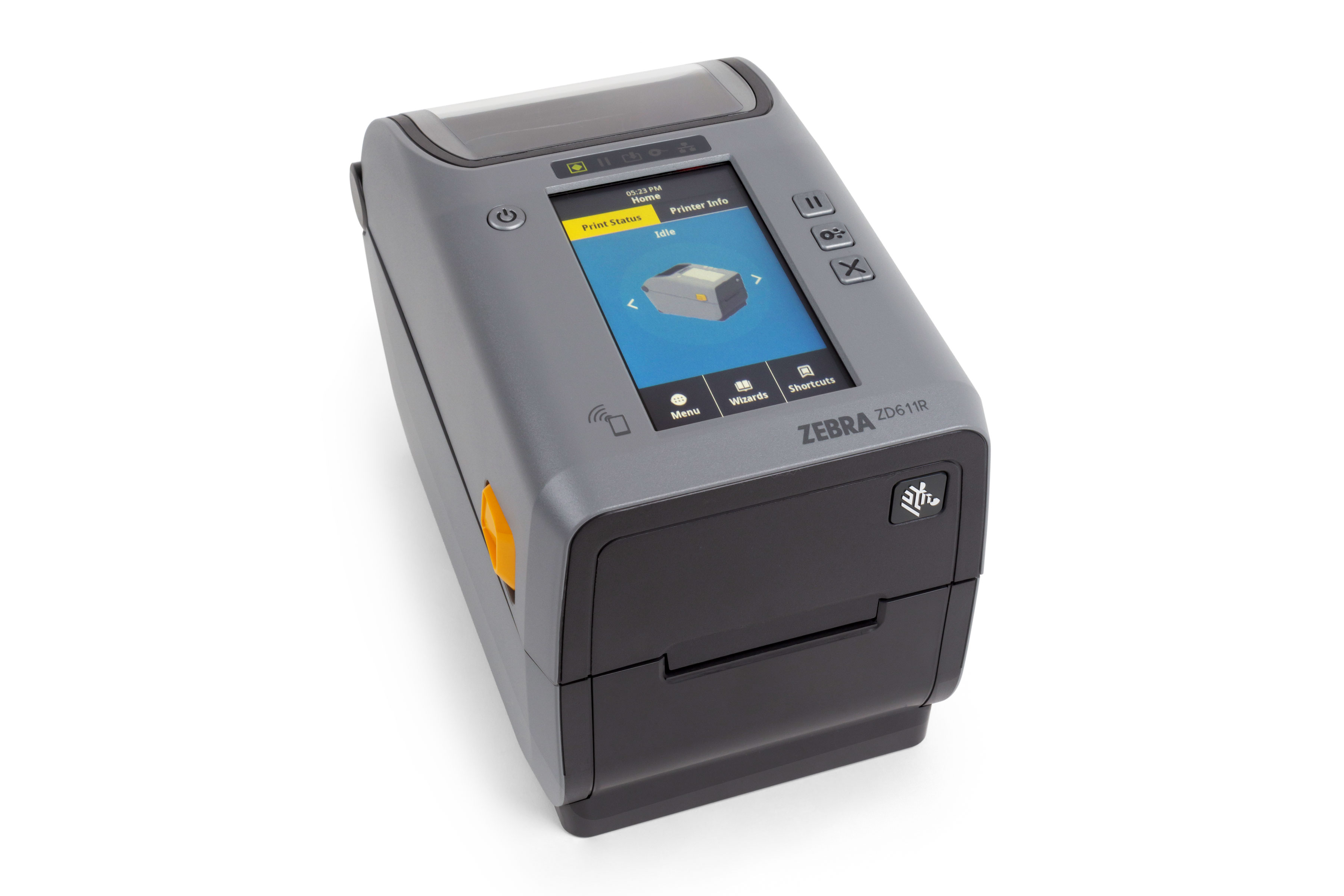 Front right view of ZD611 desktop printer for premium 2-inch RFID printing and encoding.