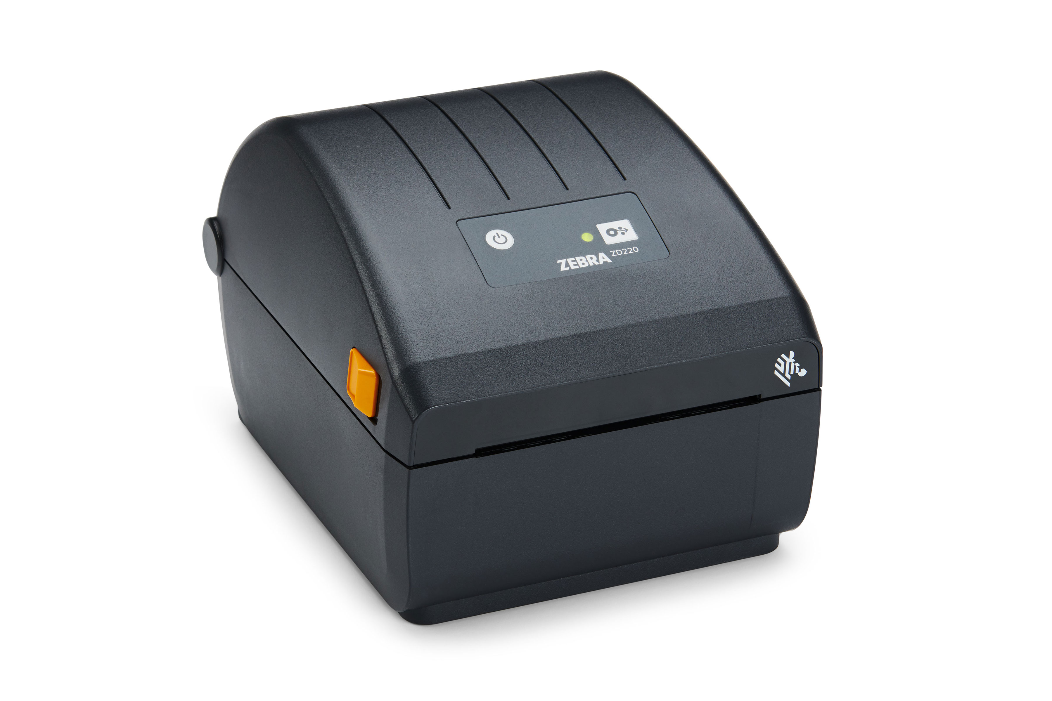 Front right view of a Zebra ZD200 desktop printer