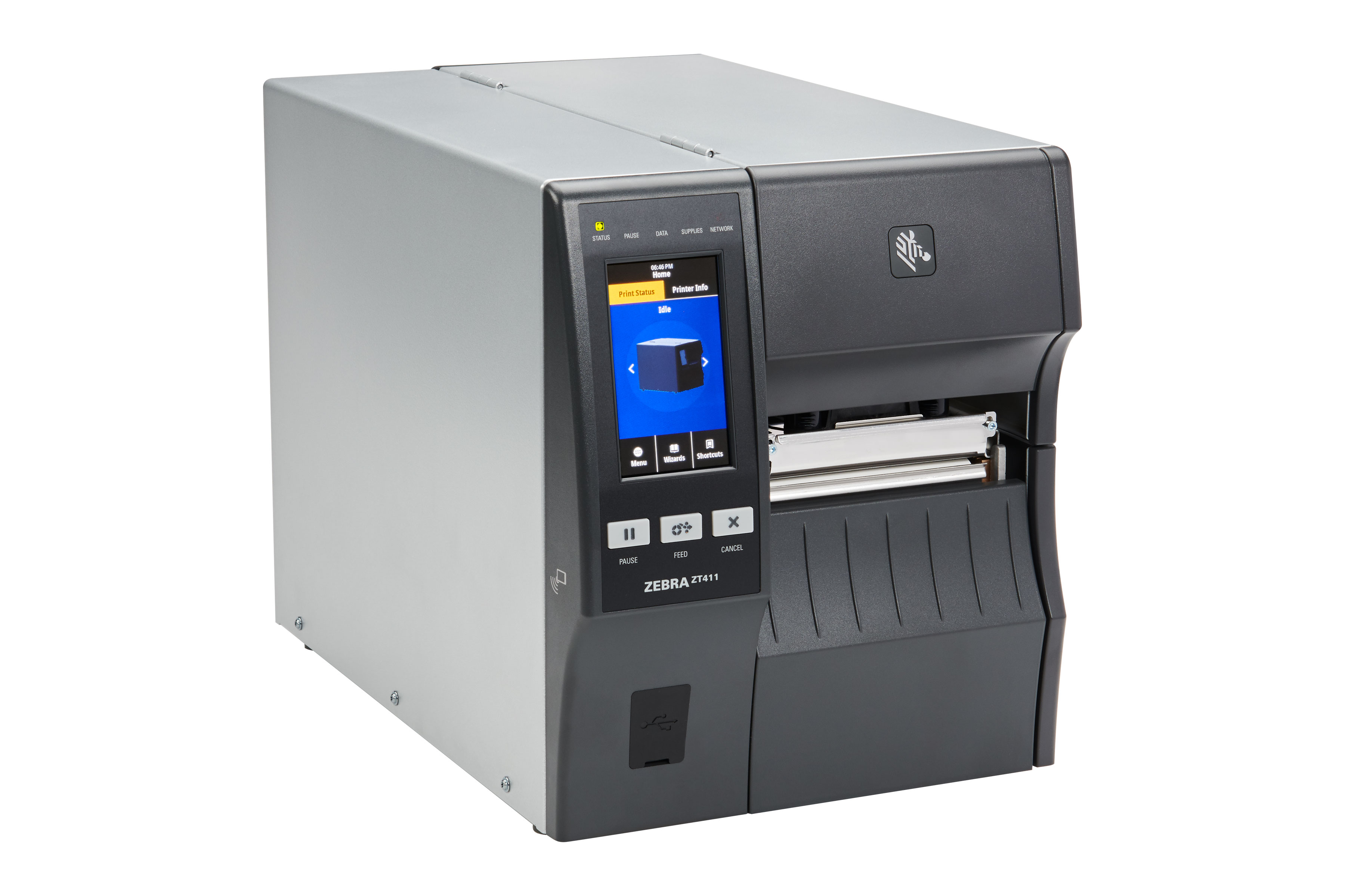 Front right view of a Zebra ZT400 industrial printer