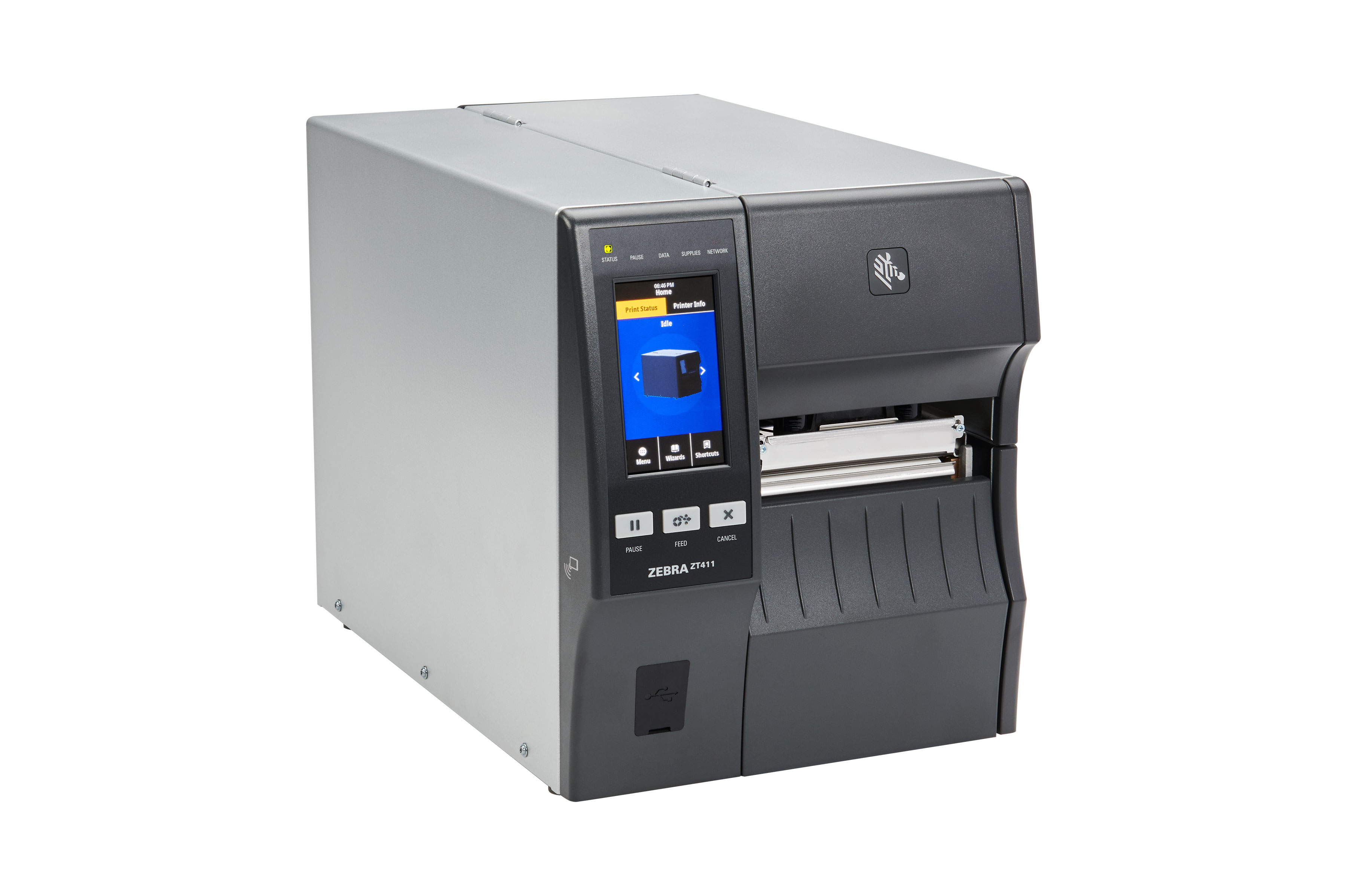 Front right view of a Zebra ZT411 industrial printer
