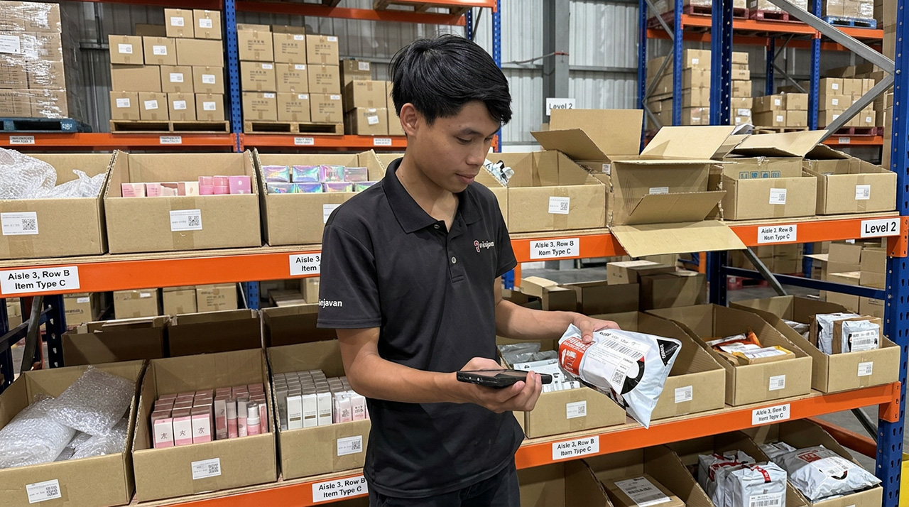 Ninja Van Logistics  warehouse worker scanning parcel in storage aisle