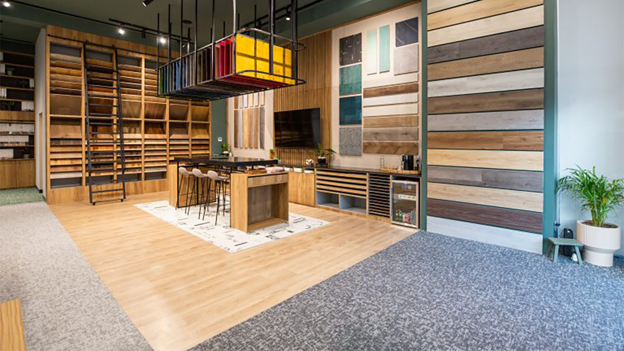 Modern showroom with wood and carpet samples