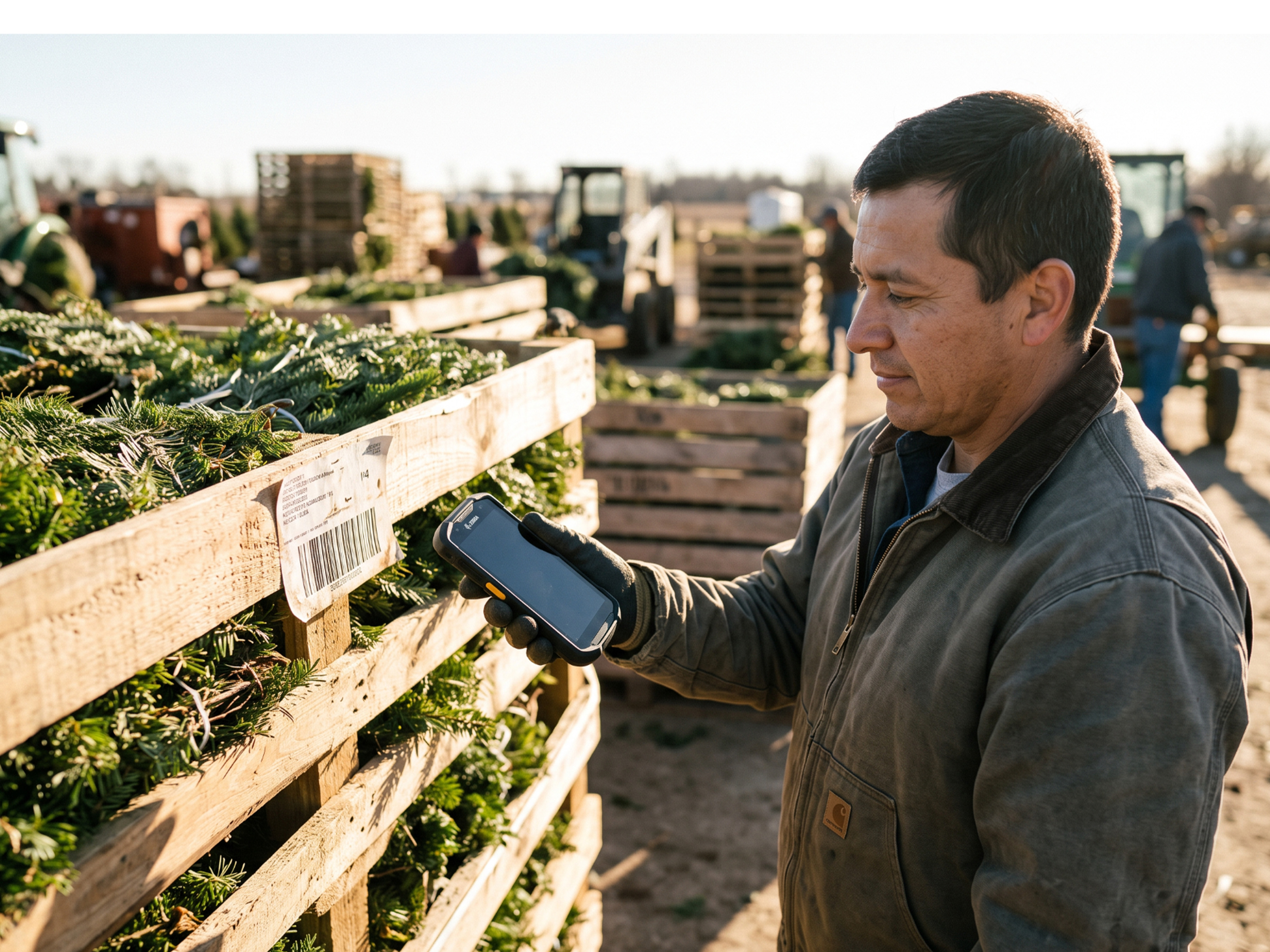 A worker in an agricultural yard uses a Zebra rugged mobile computer to scan a pallet of seasonal greenery, achieving real-time visibility and accurate tracking from the field to the shipping dock.
