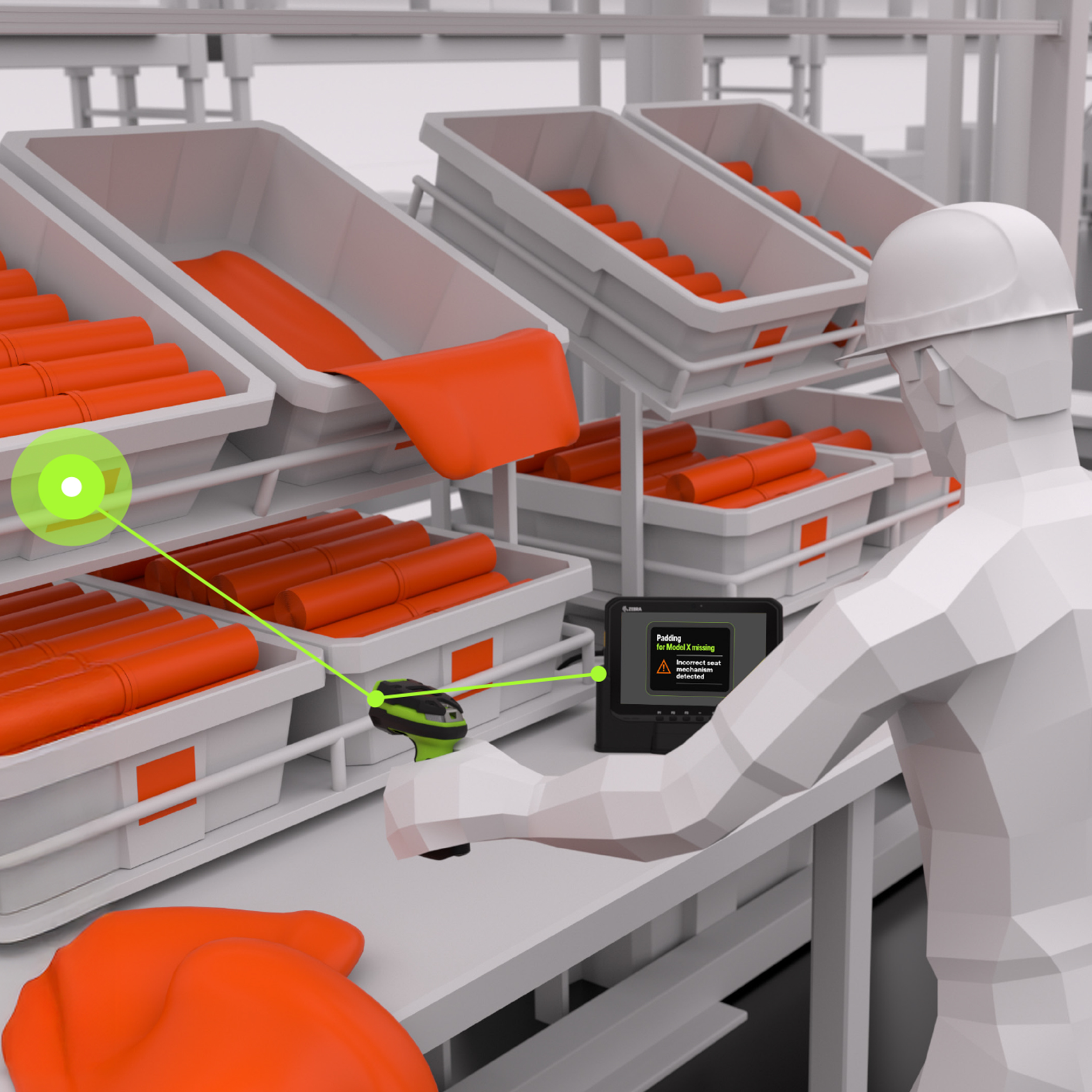 A close-up 3D illustration of a factory worker using a Zebra rugged scanner to scan a bin of parts. A connected Zebra rugged tablet immediately displays a visual alert, "Padding for Model X missing," demonstrating how the system detects errors in real-time to ensure quality control during kitting or assembly.