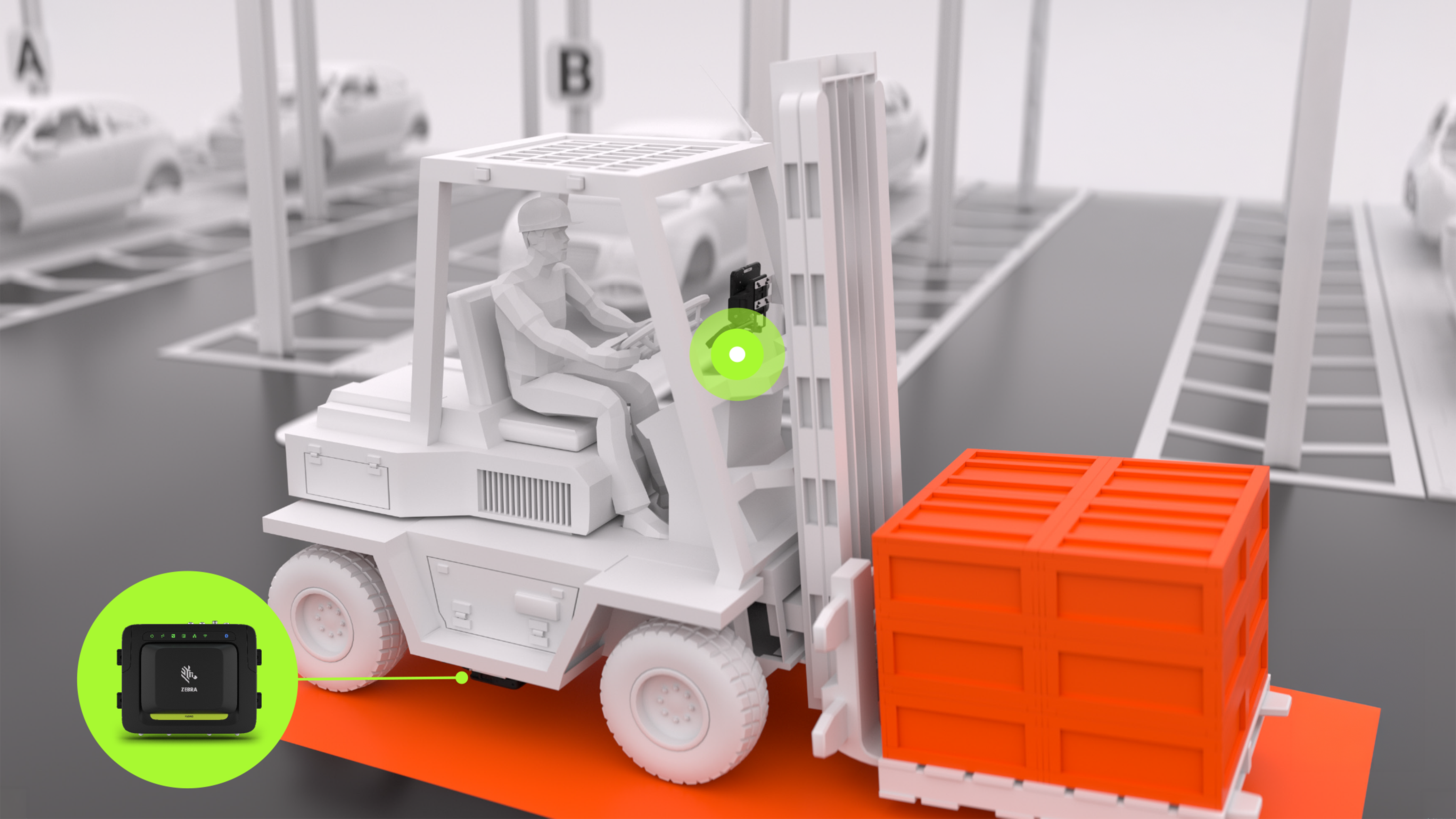 A forklift operator transports a crate of materials in an automotive factory yard, using a vehicle-mounted scanner to track the movement of goods.