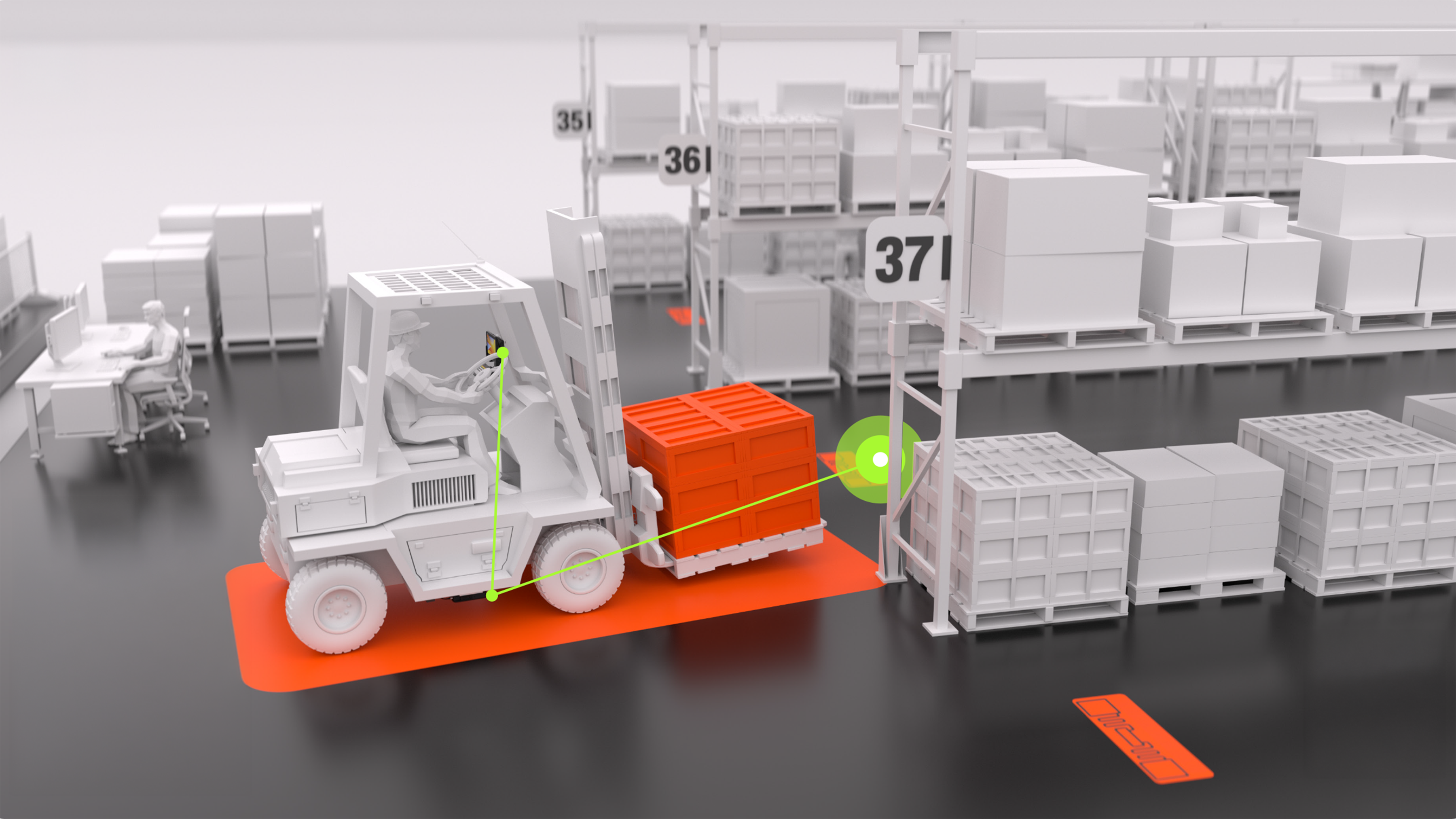 In a warehouse, a forklift operator uses a mounted scanner to accurately place and record a crate of parts into a specific inventory shelving location.