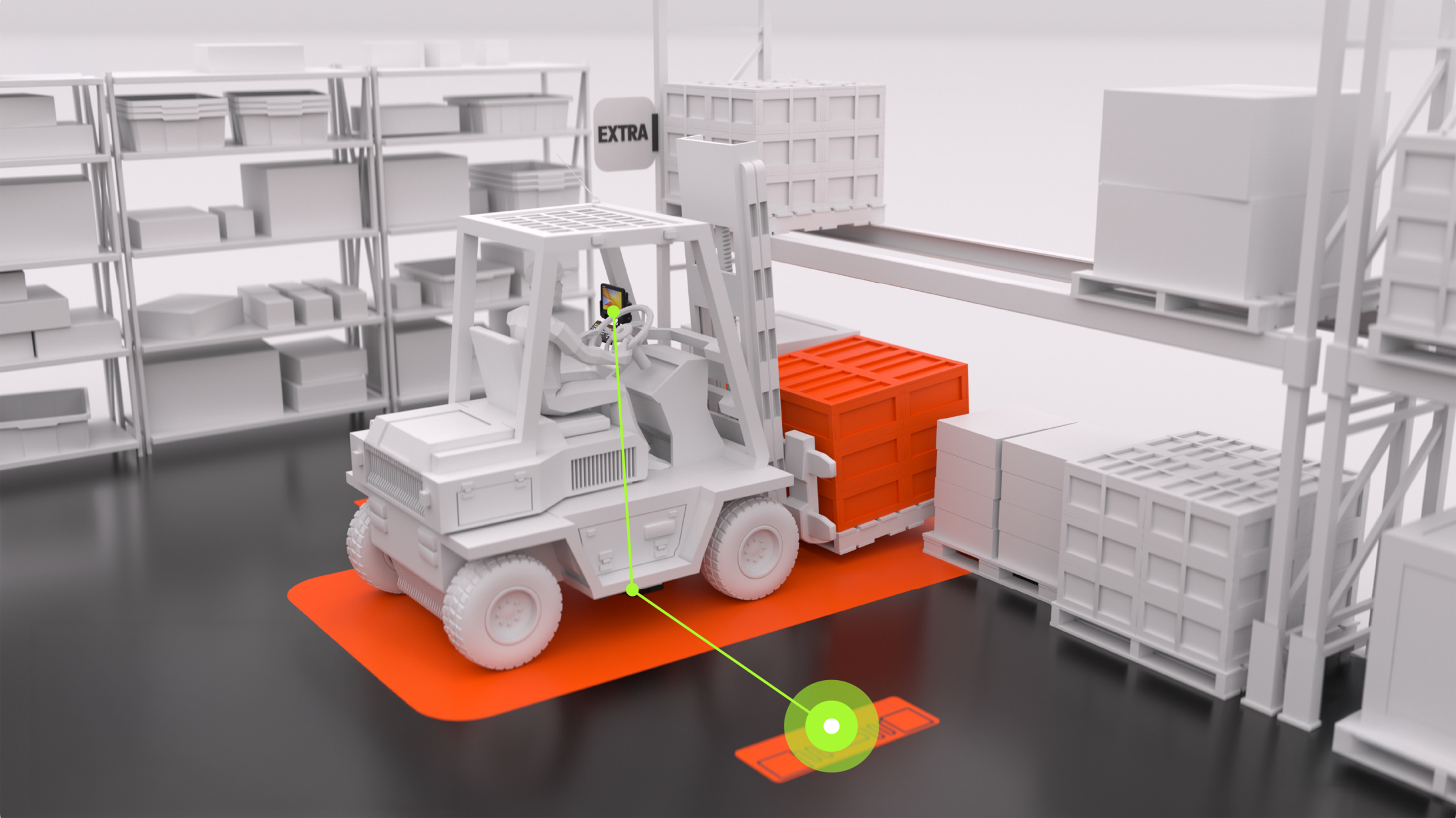 An overview diagram of a final assembly factory, illustrating the flow from the assembly line to the warehouse storage area where forklifts operate.