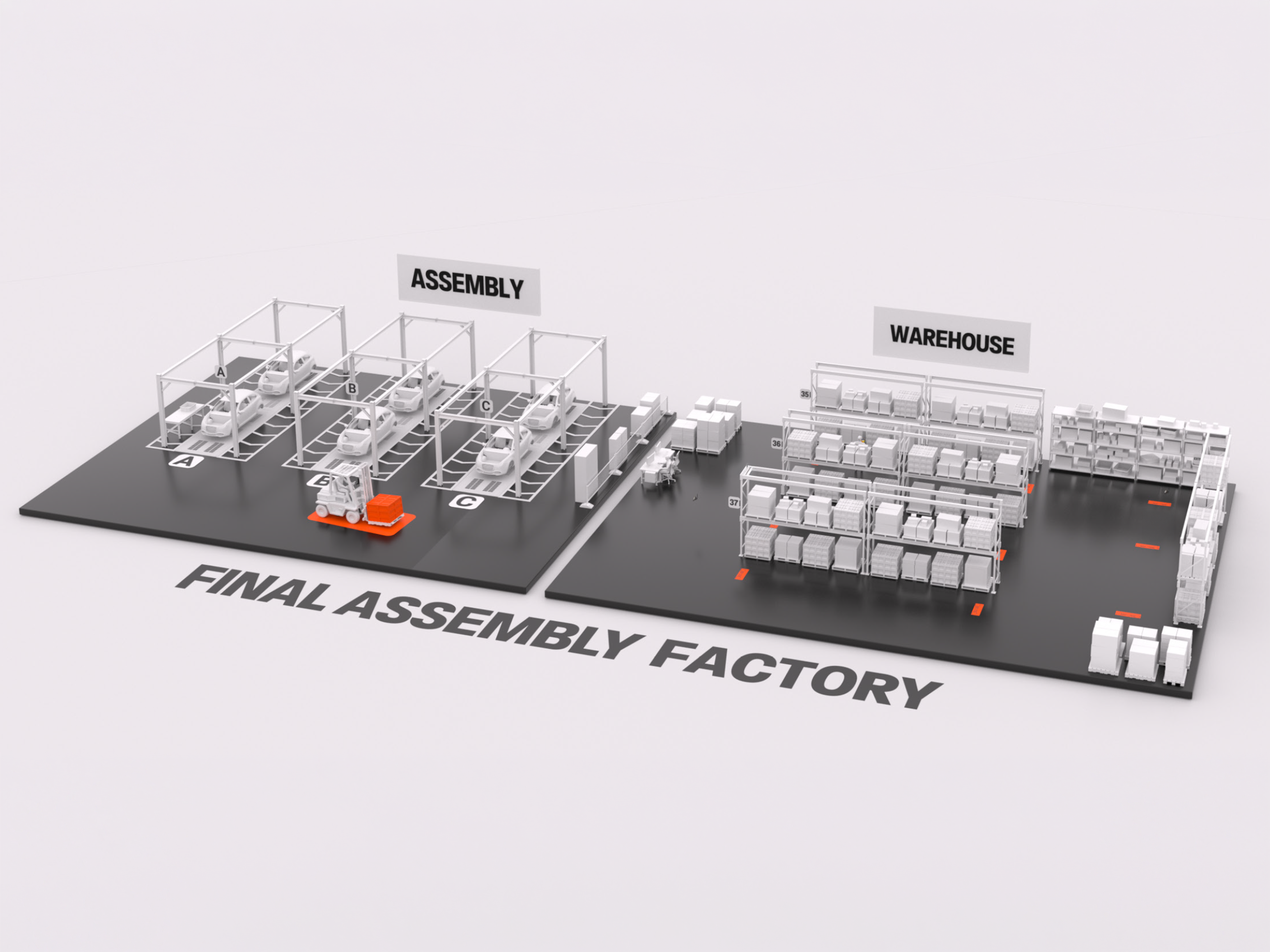 An isometric illustration of a final assembly factory, detailing the layout of the vehicle assembly lines and the adjoining warehouse used for parts storage and logistics operations.