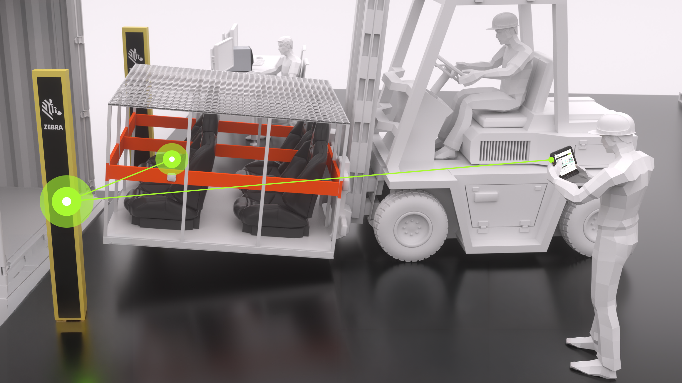 A forklift loads a large crate of car seats into a shipping container at a loading dock. Zebra fixed industrial scanners automatically scan the shipment as it passes through the dock door, while a worker verifies the information on a rugged tablet, ensuring shipping accuracy.