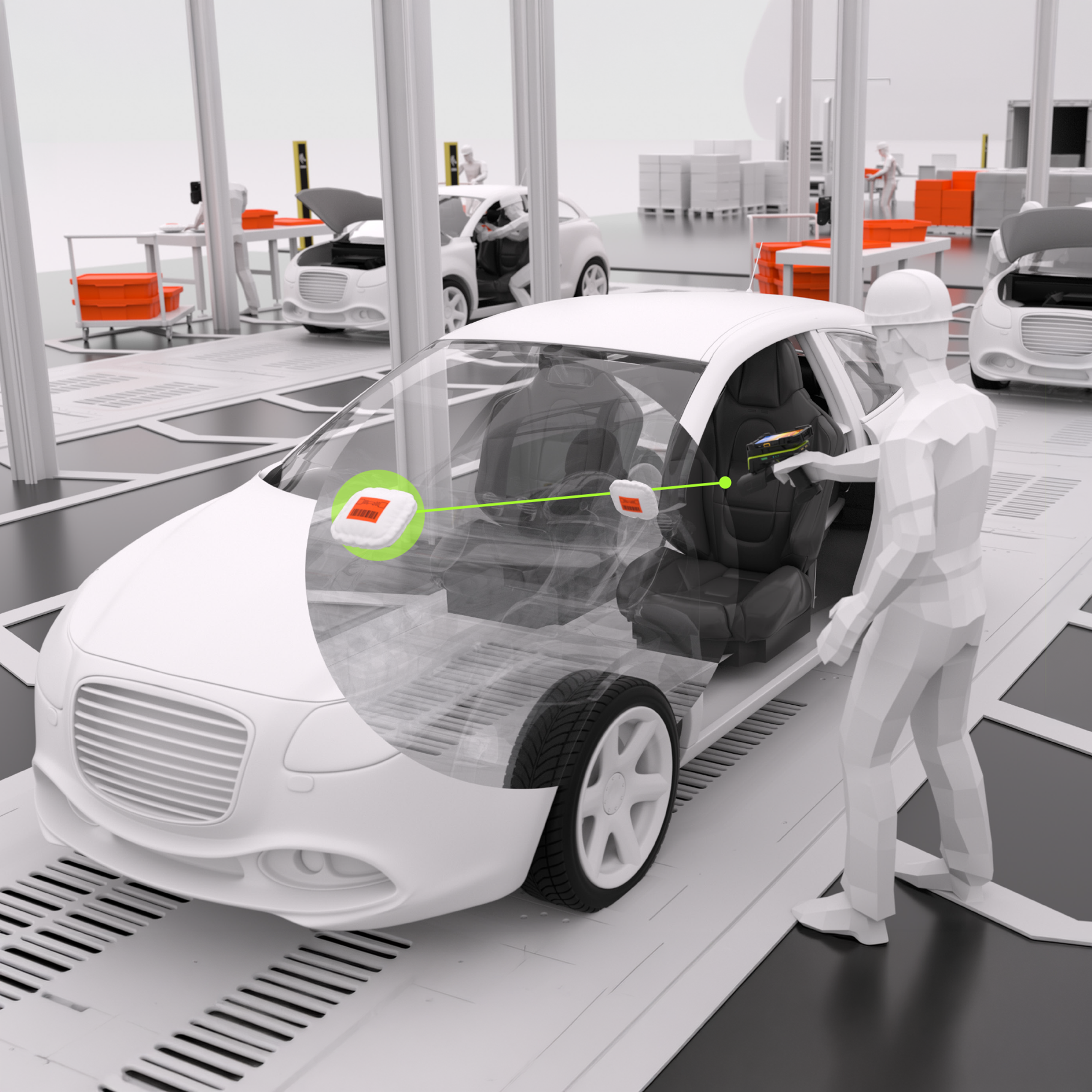 An automotive worker confirms the correct installation of an RFID-tagged component inside a vehicle using a fixed reader, ensuring traceability and quality.