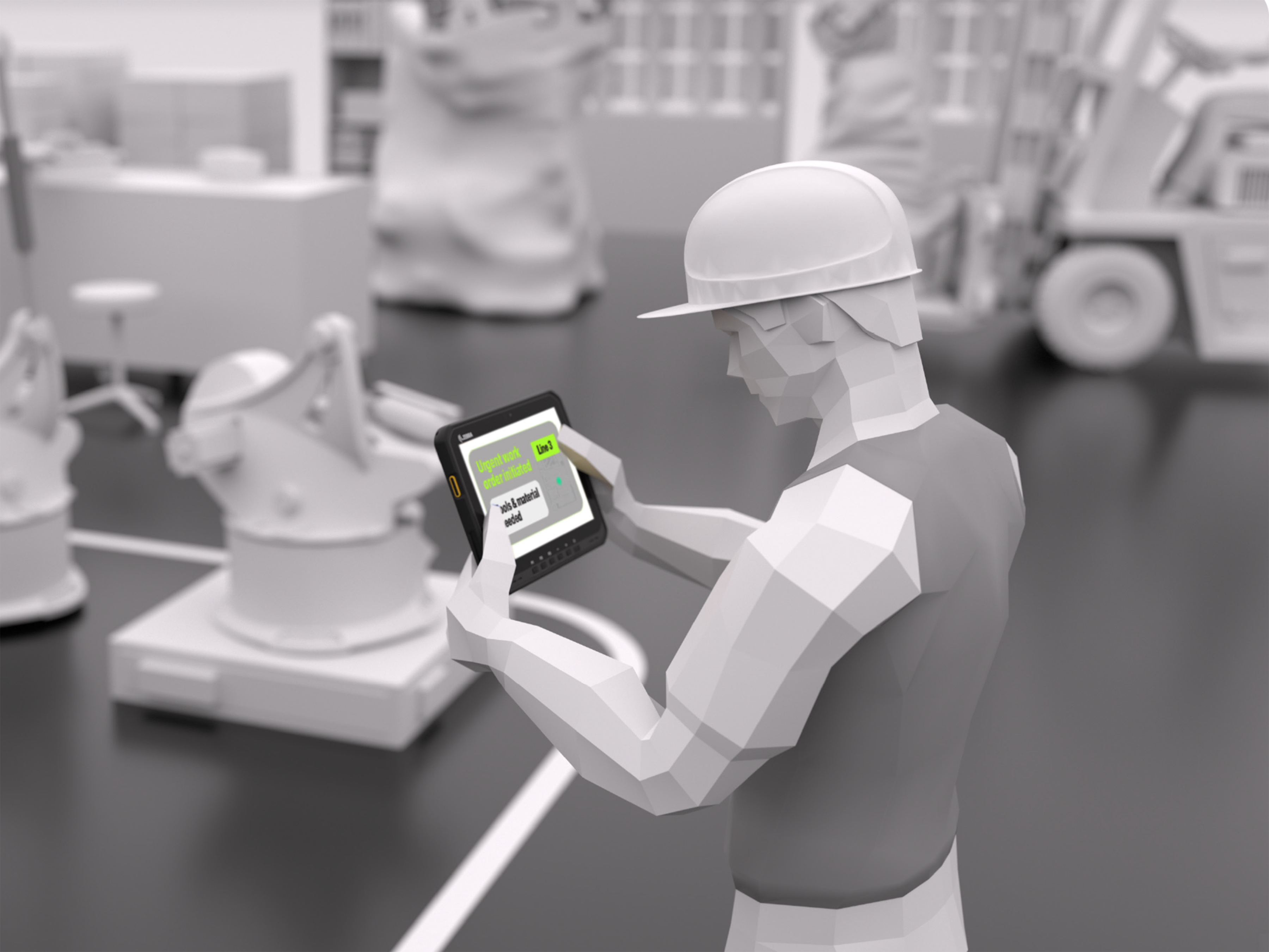 A close-up of a factory worker viewing digital work instructions and material needs for a specific task on a Zebra rugged tablet.