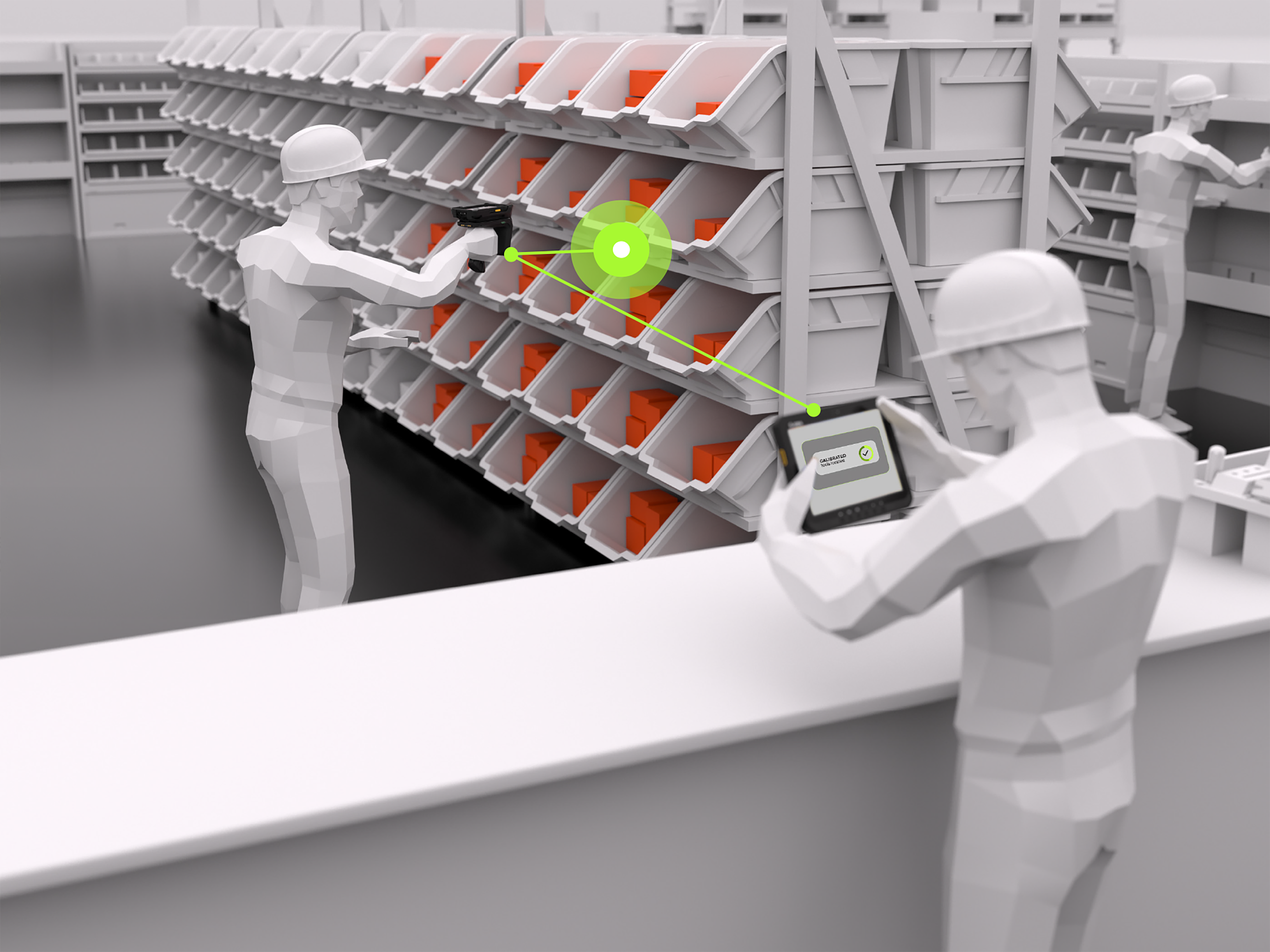 A worker uses a handheld scanner to pick correct parts from a storage shelf while a supervisor oversees the process on a tablet, ensuring order accuracy.
