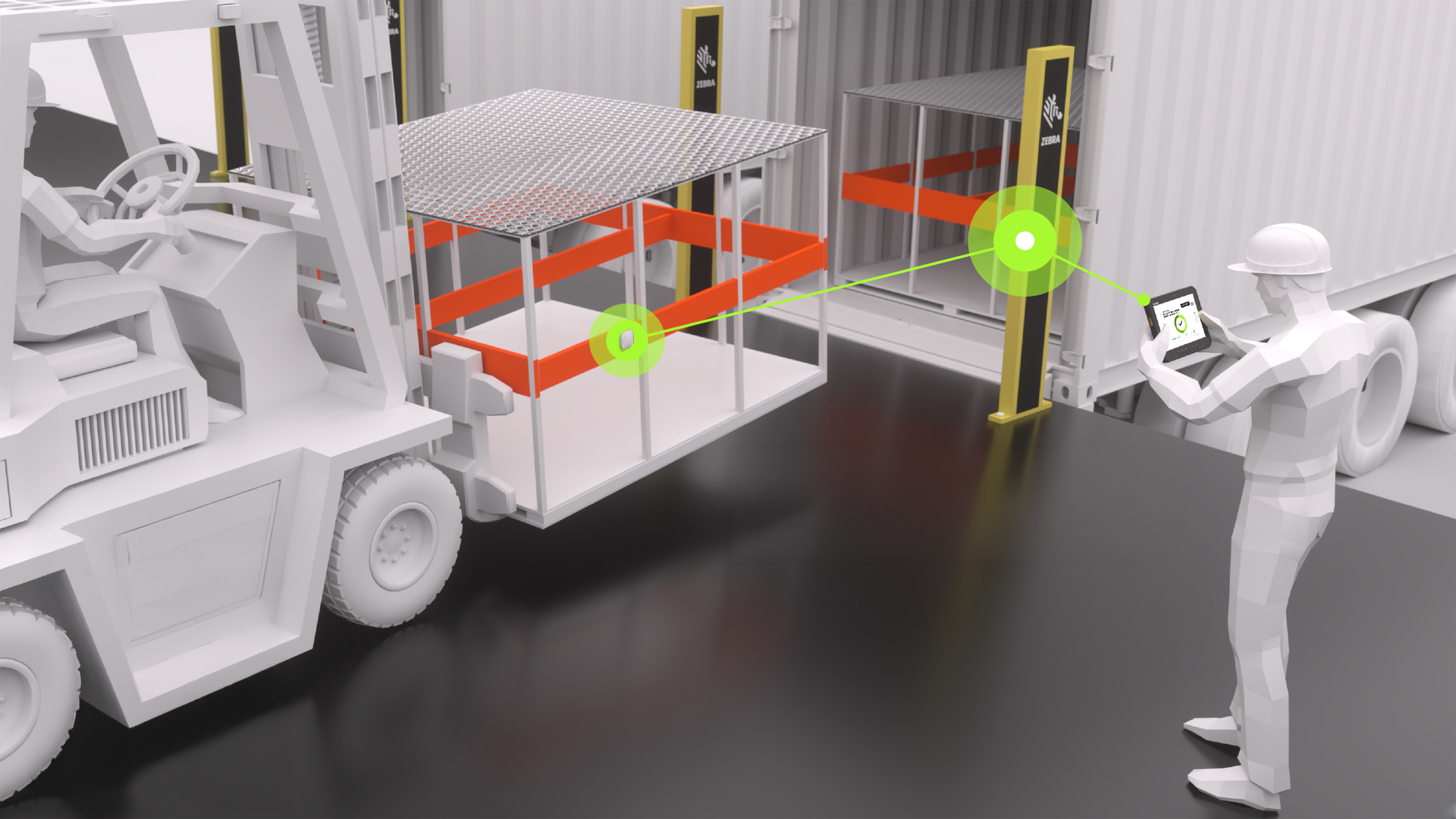 A forklift loads a large rack into a shipping container while Zebra fixed industrial scanners at the dock door automatically scan the shipment. A nearby worker receives instant verification on a rugged tablet, ensuring loading accuracy and efficiency in logistics operations.