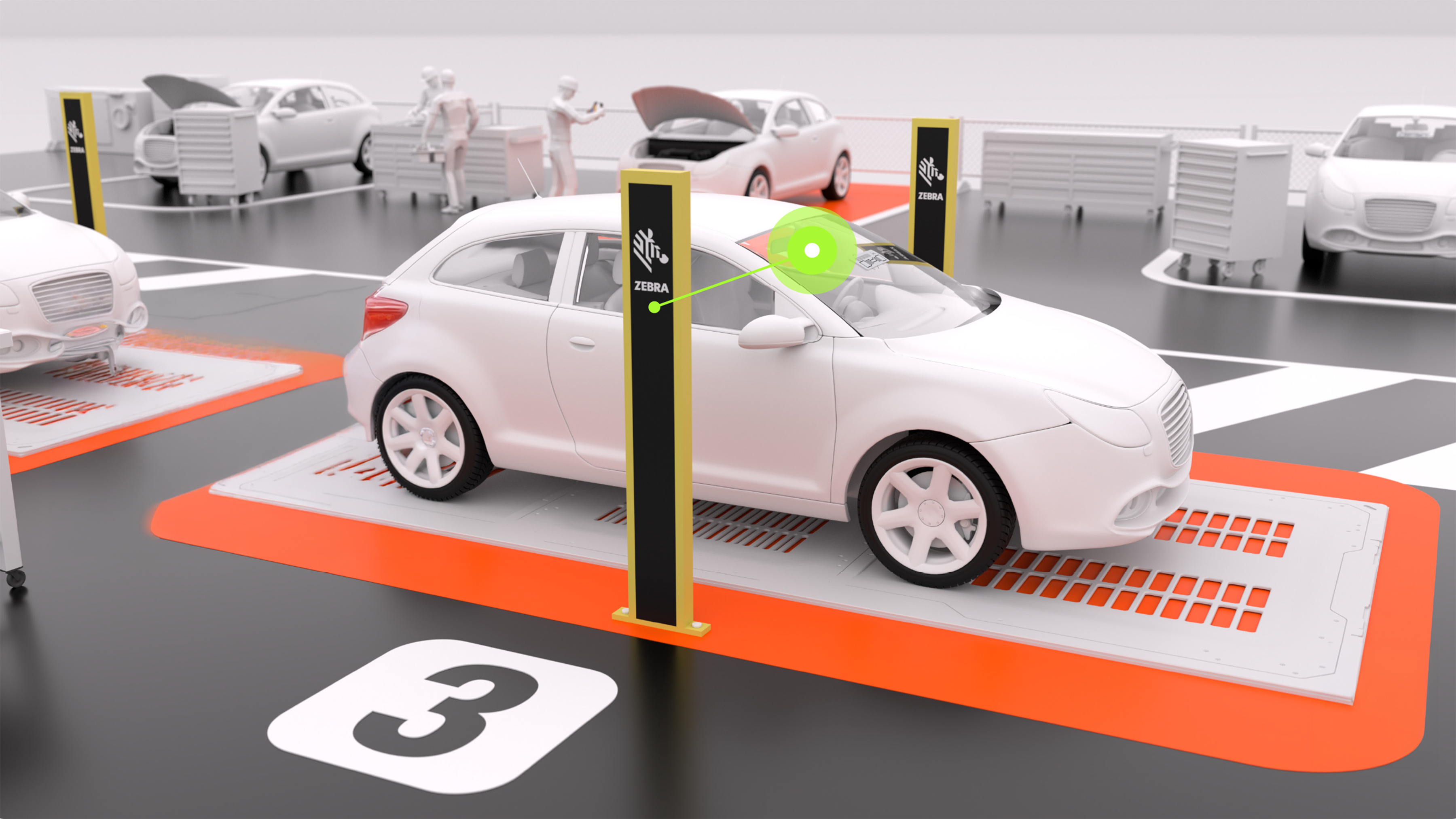 A car moves to the next station in the final inspection line, where a Zebra fixed industrial scanner continues to scan and verify vehicle components.