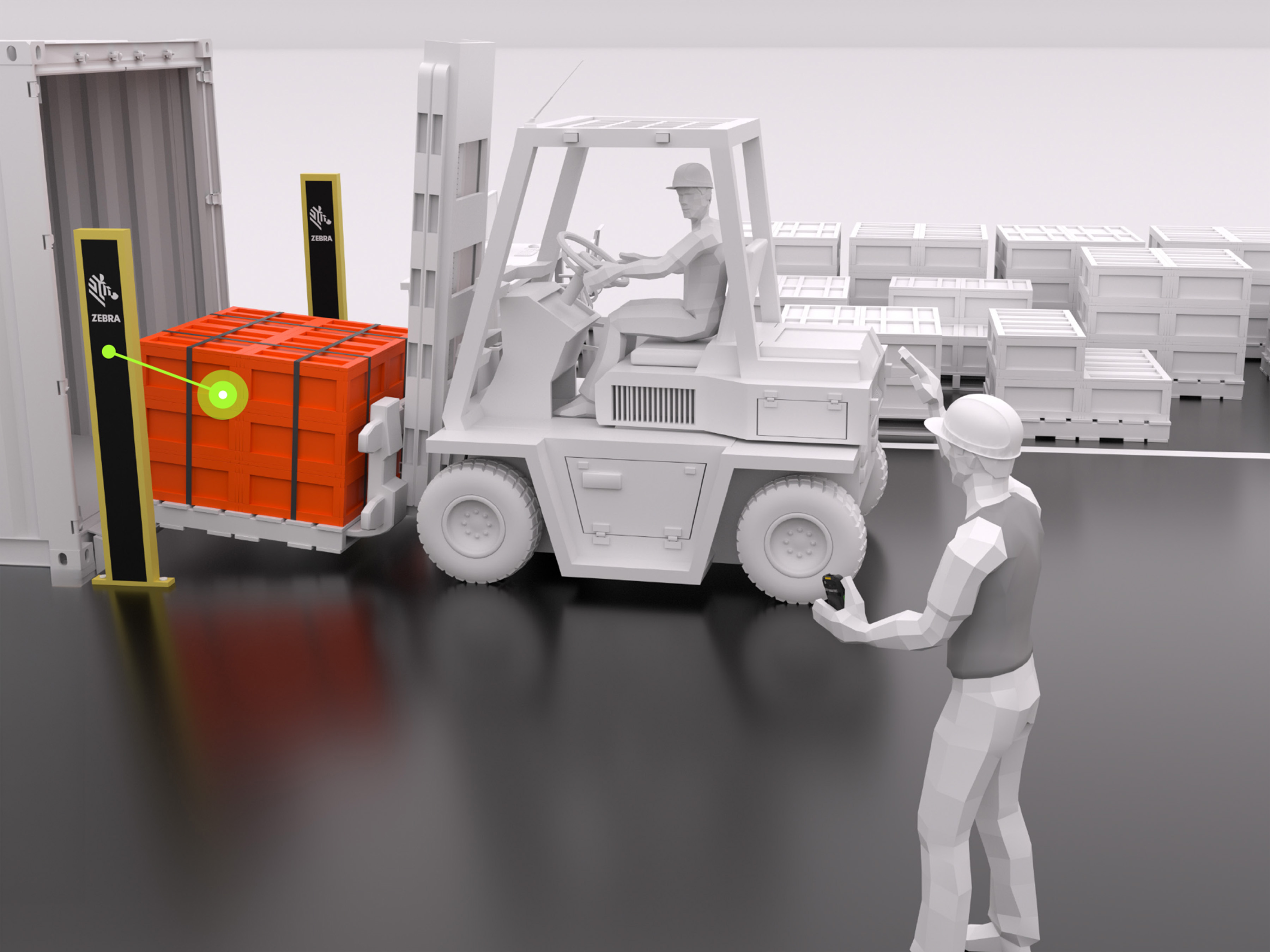 Pallets of replacement automotive components pass through a Zebra RFID portal at the receiving dock. The portal automatically reads every tagged asset through the packaging, logging the correct replacement parts into the inventory system and preventing the wrong items from re-entering production.