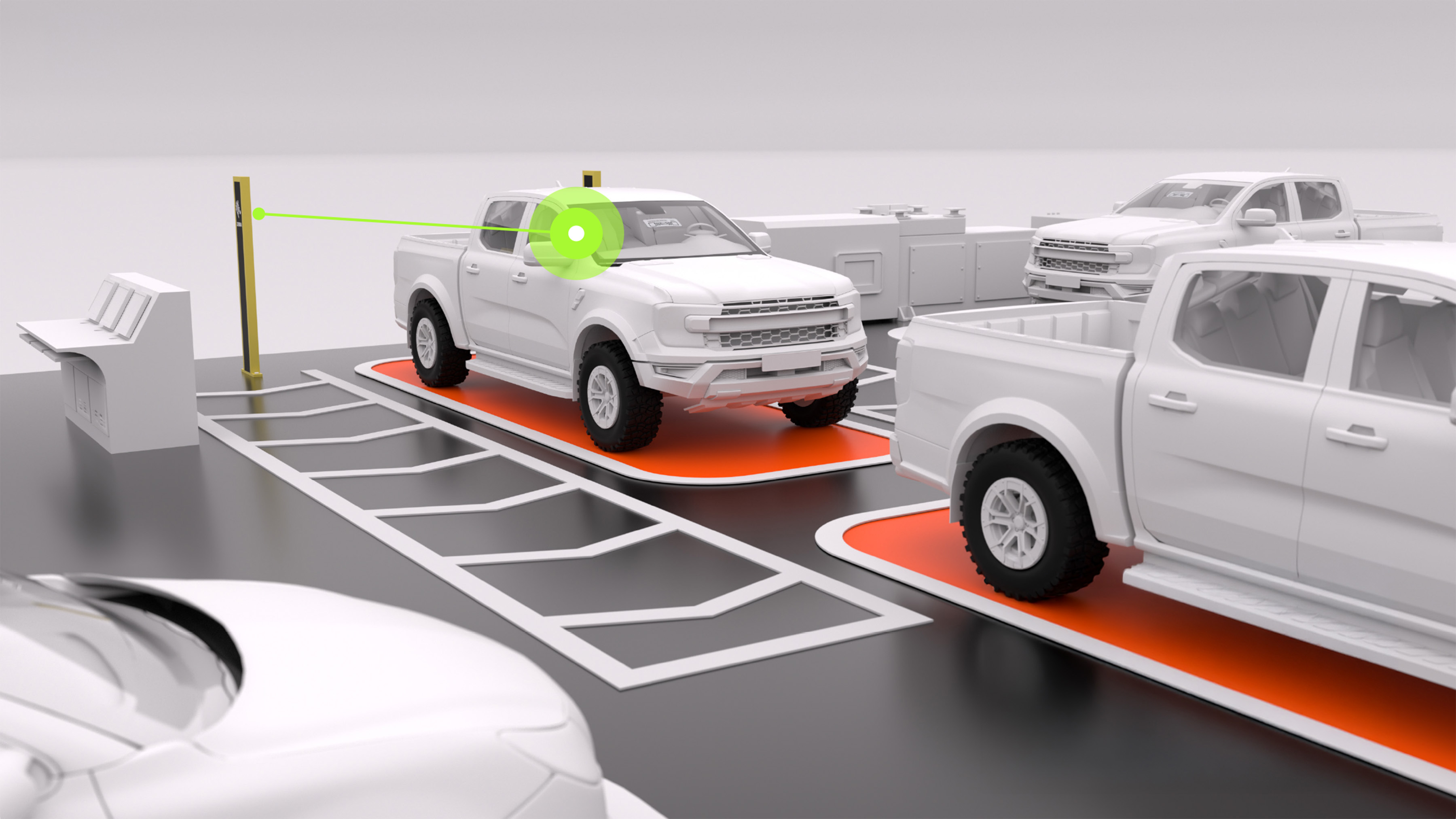 An RFID reader automatically scans a truck as it enters a custom assembly station. This initiates work-in-progress (WIP) tracking, associating the vehicle with a specific custom order and ensuring real-time visibility from the very first step.