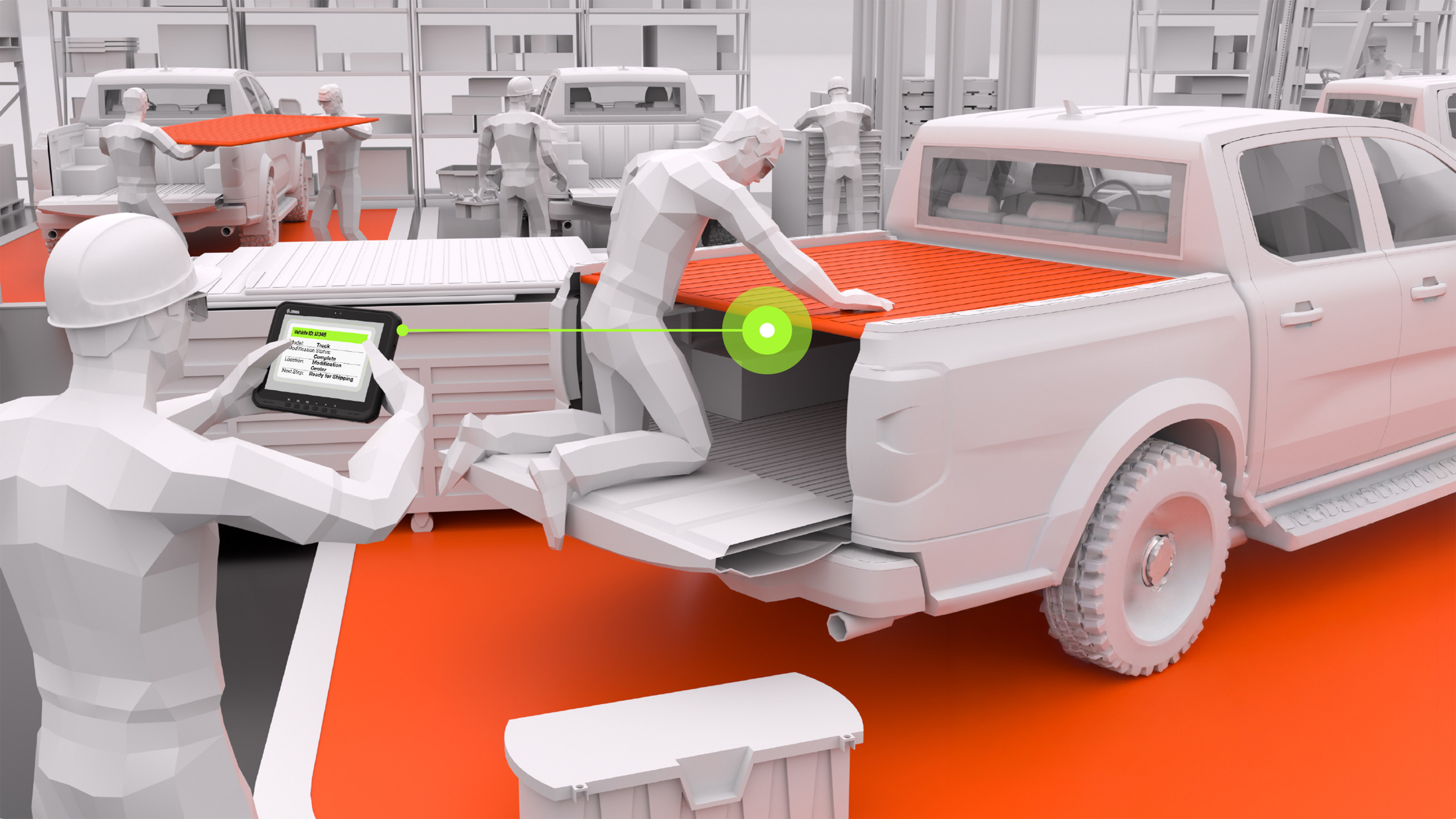 A connected worker consults a Zebra tablet displaying real-time order specifications to guide the installation of a custom truck accessory. This digital workflow provides part validation and logs the completion of the task, maintaining an accurate work-in-progress (WIP) record.