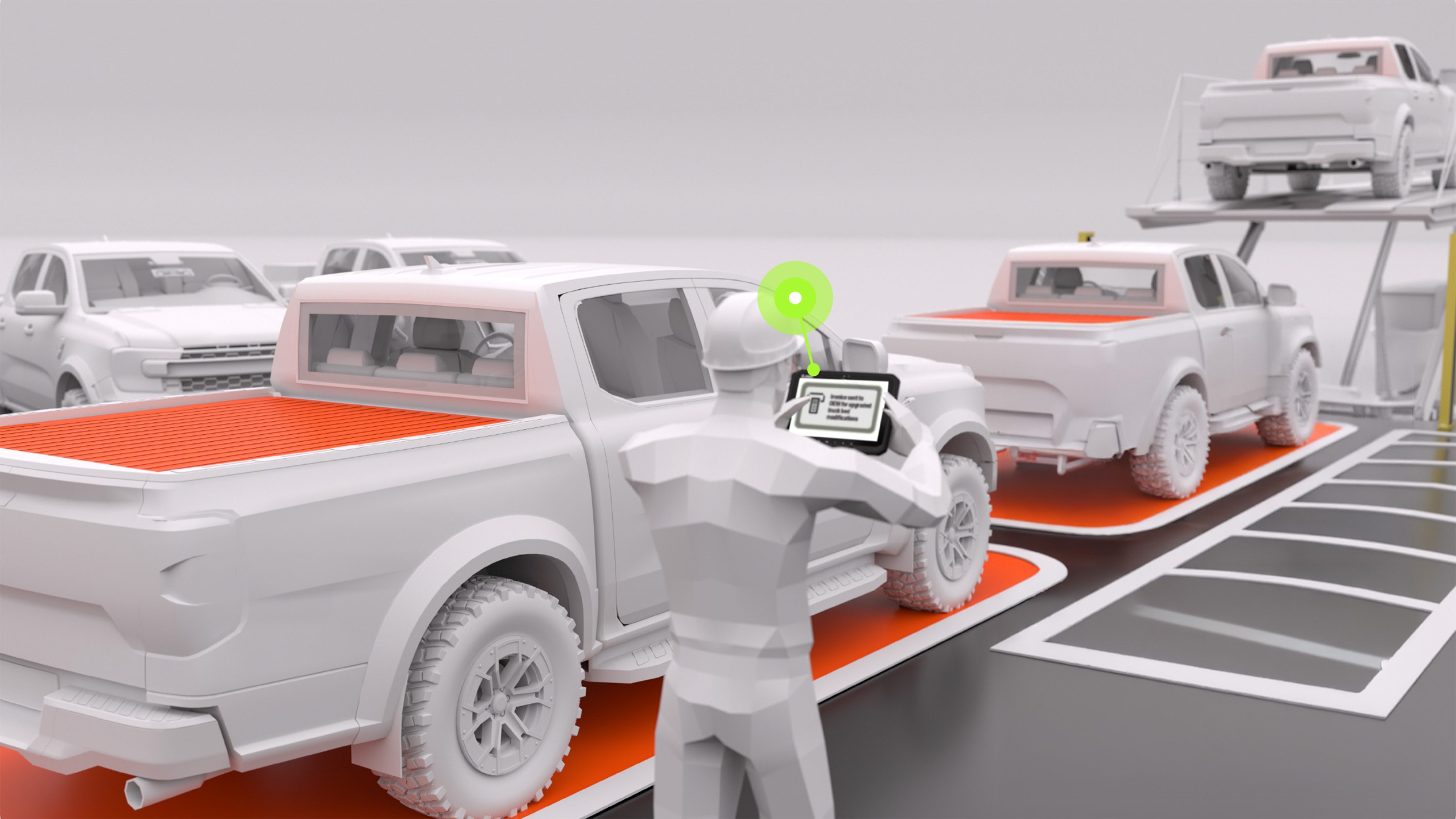 As a vehicle enters a work zone, its rugged RFID tag is read, creating a digital fingerprint for the asset. This automated data capture is the first step in maintaining an accurate batch schedule and tracking vehicles pending special modifications.