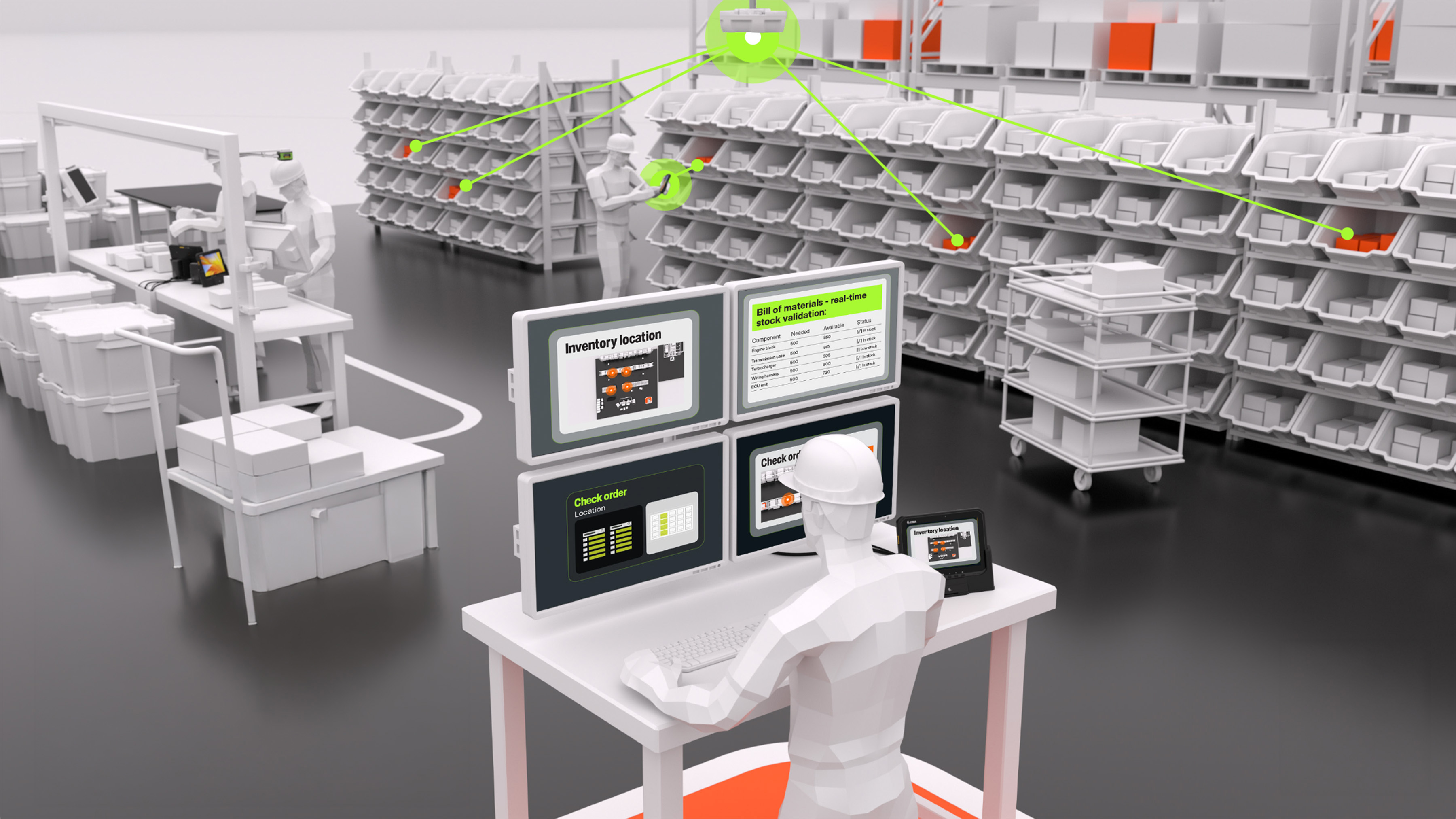 A production planner at a central control station monitors real-time inventory levels displayed on multiple screens. Data fed from overhead RFID readers provides the live visibility needed to dynamically adjust production schedules and prevent parts-related bottlenecks.