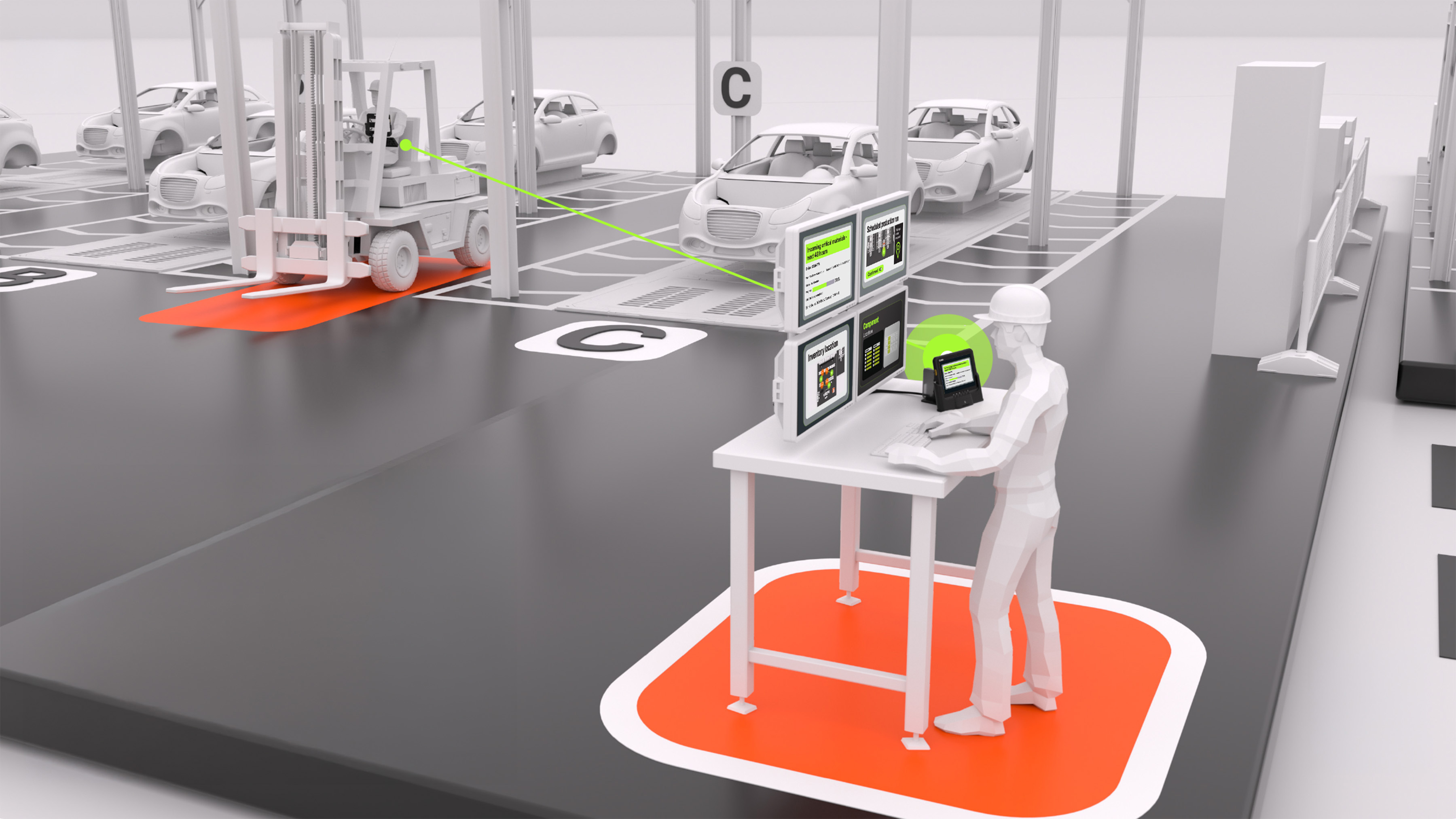 A central planner dispatches a task to a forklift, directing it to a specific vehicle. This highlights a connected system where real-time planning decisions are immediately translated into actionable work orders for material handling teams on the factory floor.
