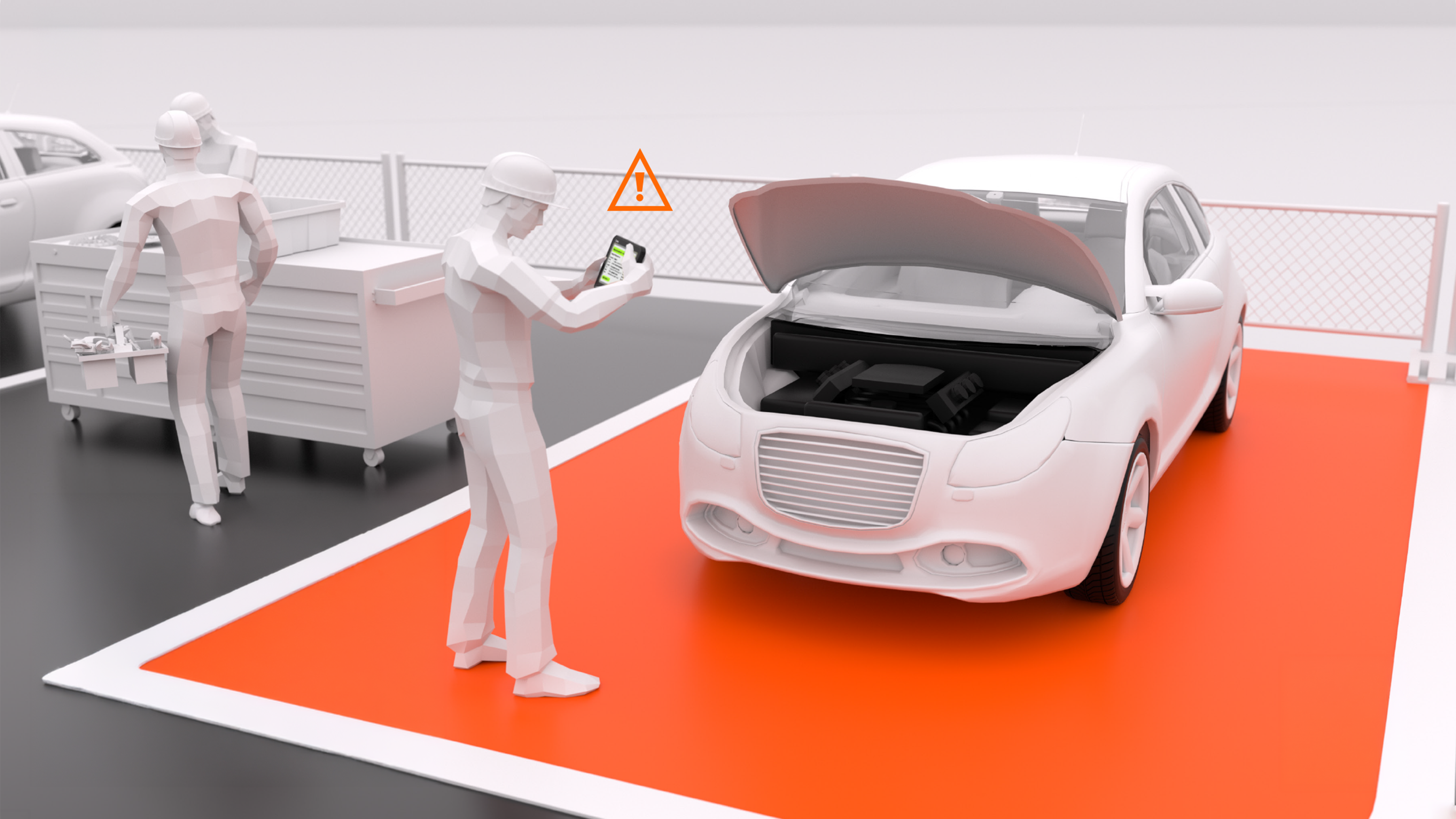 An automotive technician reviews an alert on a rugged tablet while inspecting a car's engine bay during the final quality control process.