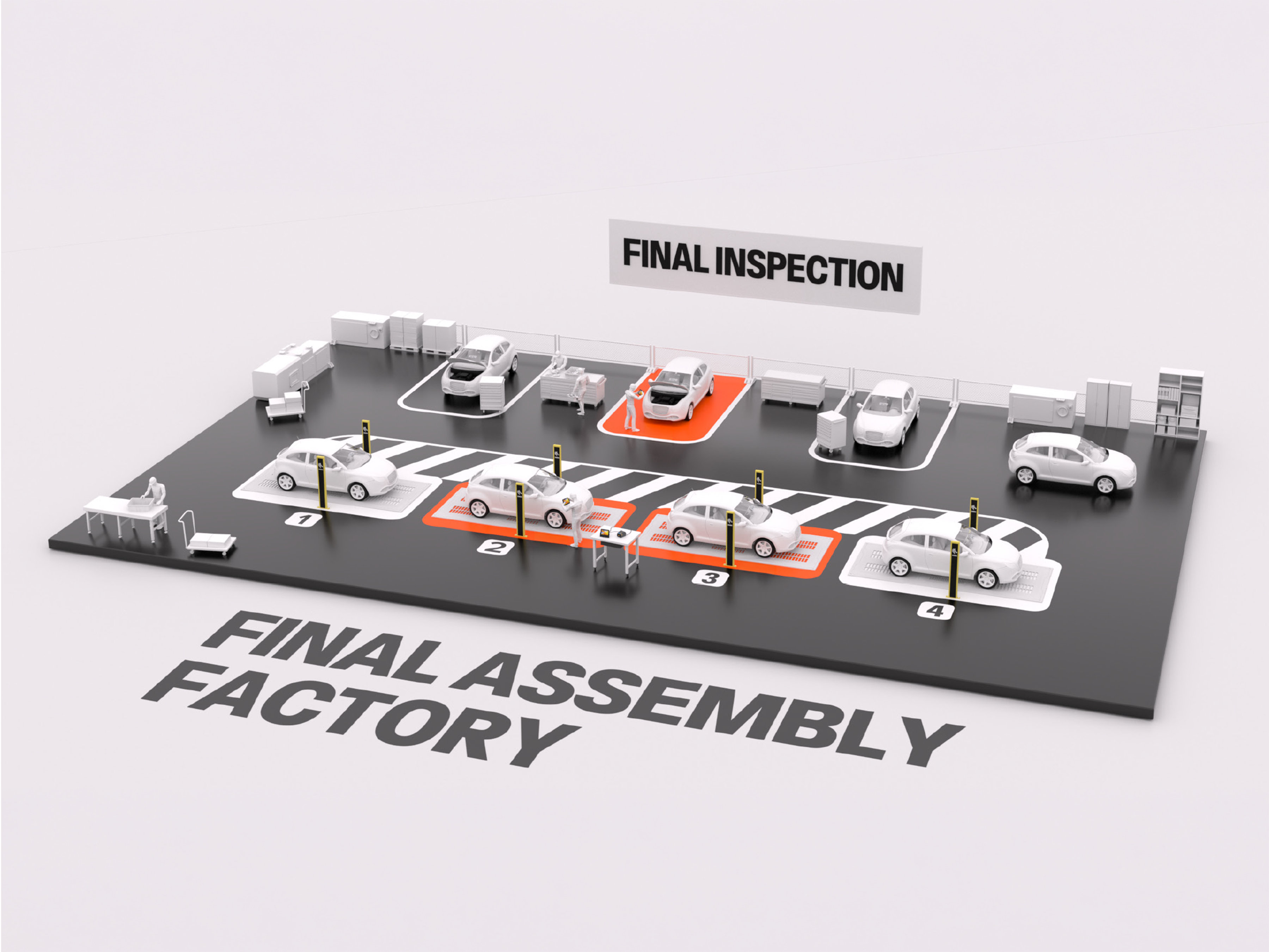 An aerial view of a final assembly factory floor, showing multiple vehicles progressing through the stations of the final inspection line.