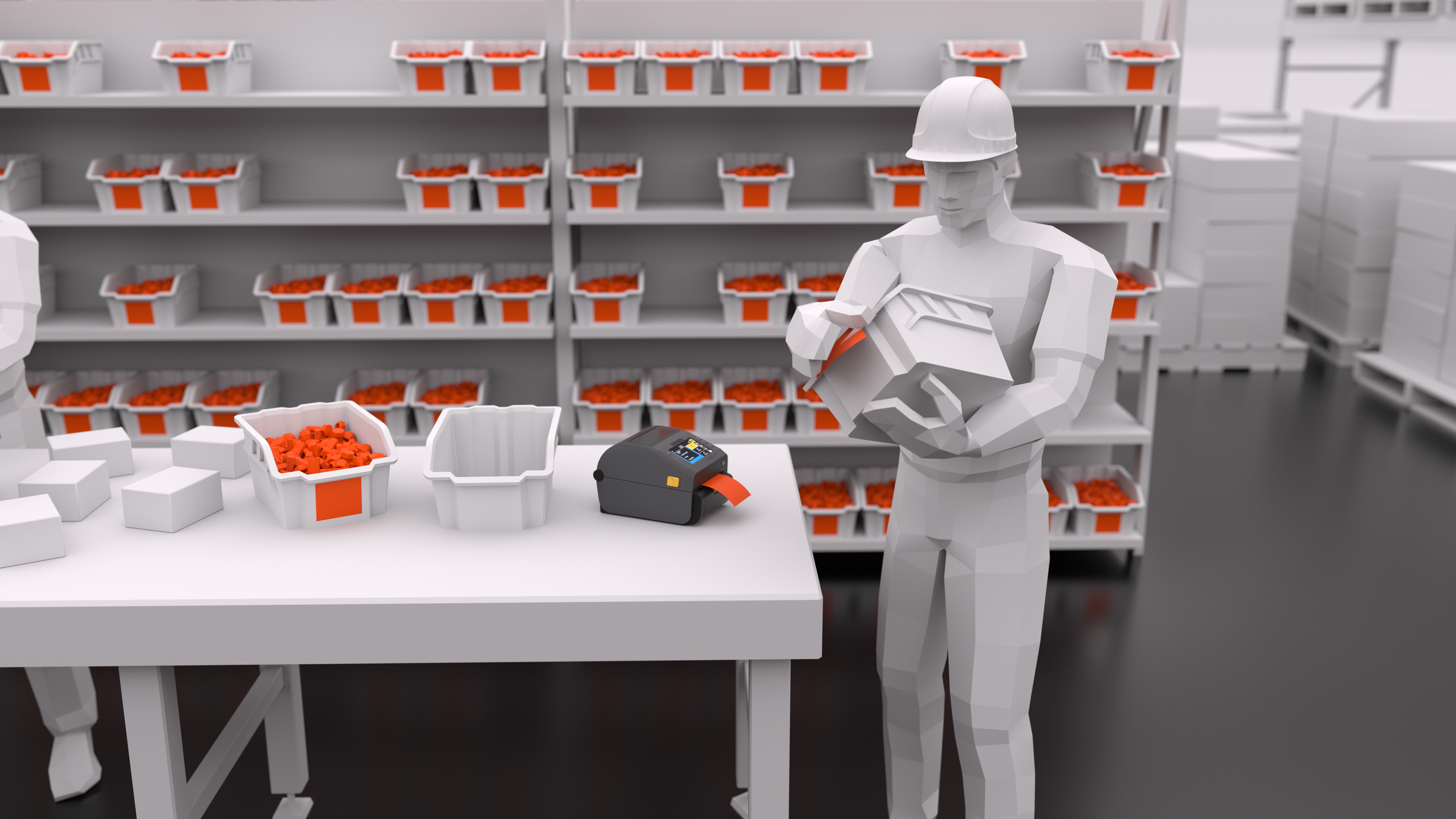 A warehouse worker packages small orange components into a box, while a Zebra desktop printer stands ready on the table for labeling parts and kits.