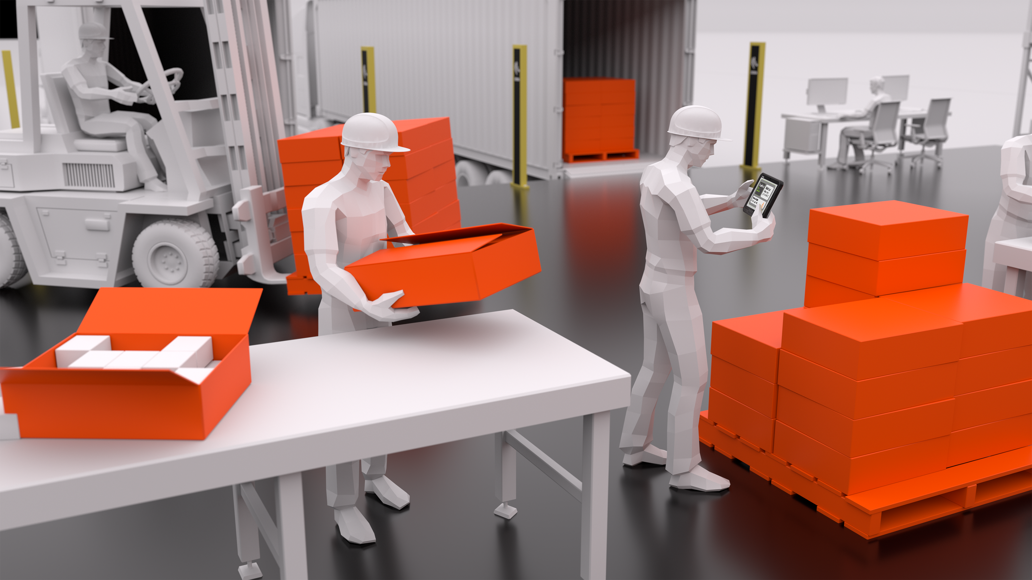 At a bustling loading dock, a worker packs items into an orange box while a supervisor uses a rugged tablet to scan and verify a pallet of outgoing shipments. In the background, a forklift loads a shipping container, illustrating a busy logistics and supply chain environment.