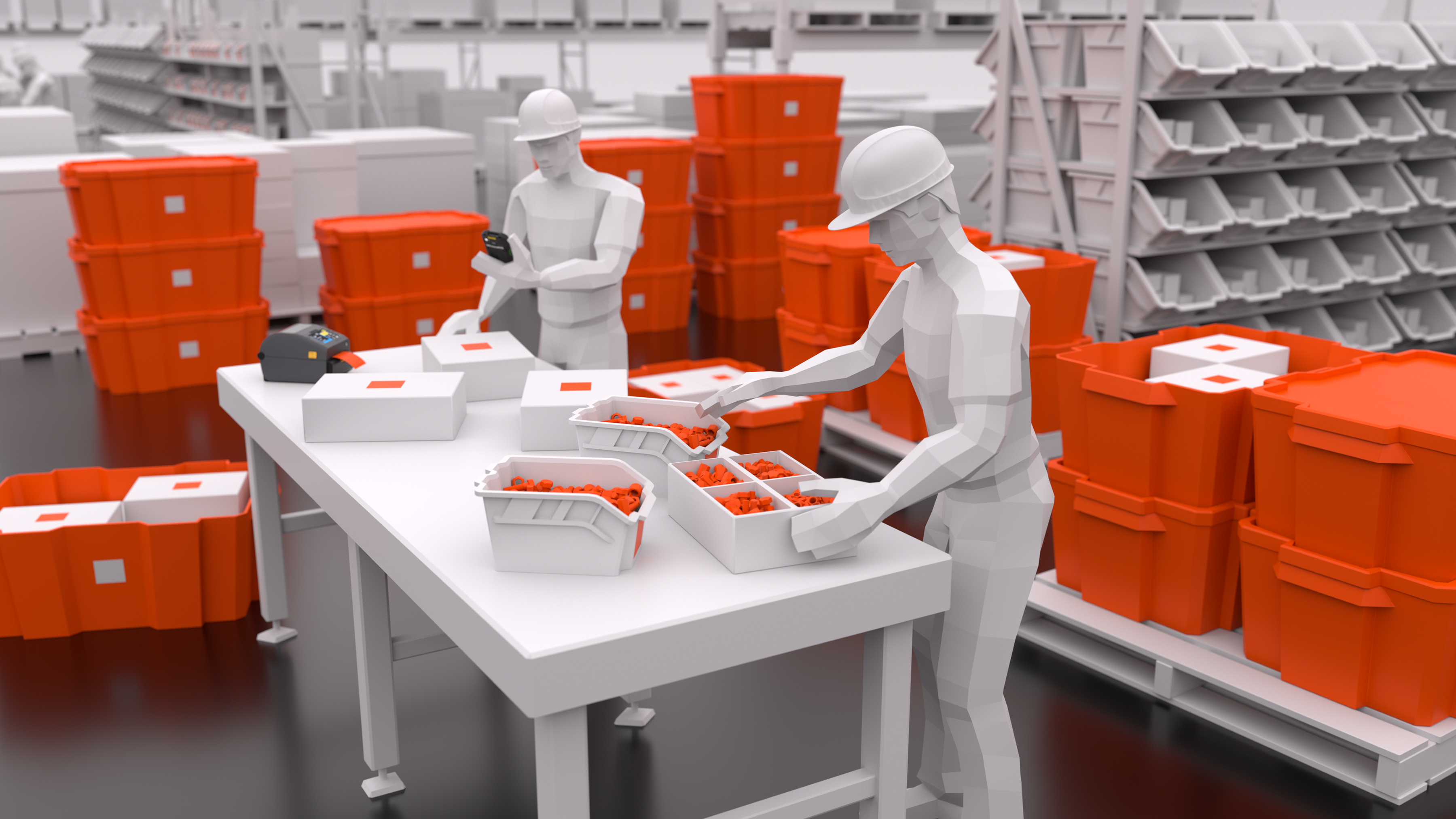 Manufacturing workers sort and scan small components at a kitting station, ensuring accuracy before the parts are sent to the assembly line.