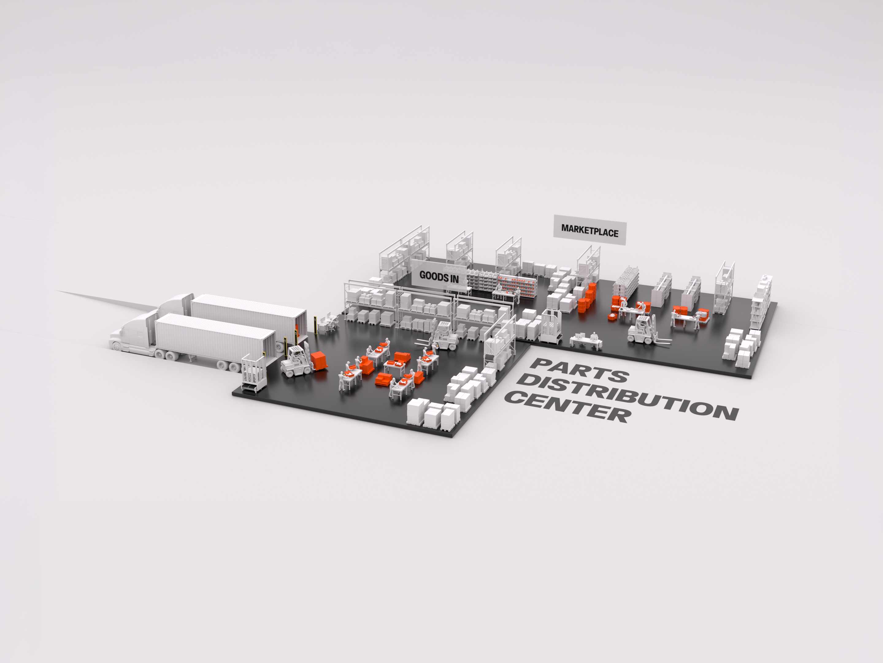 An isometric illustration of a parts distribution center, detailing the operational flow from goods-in and receiving to warehouse storage, packing, and the final marketplace shipping area.