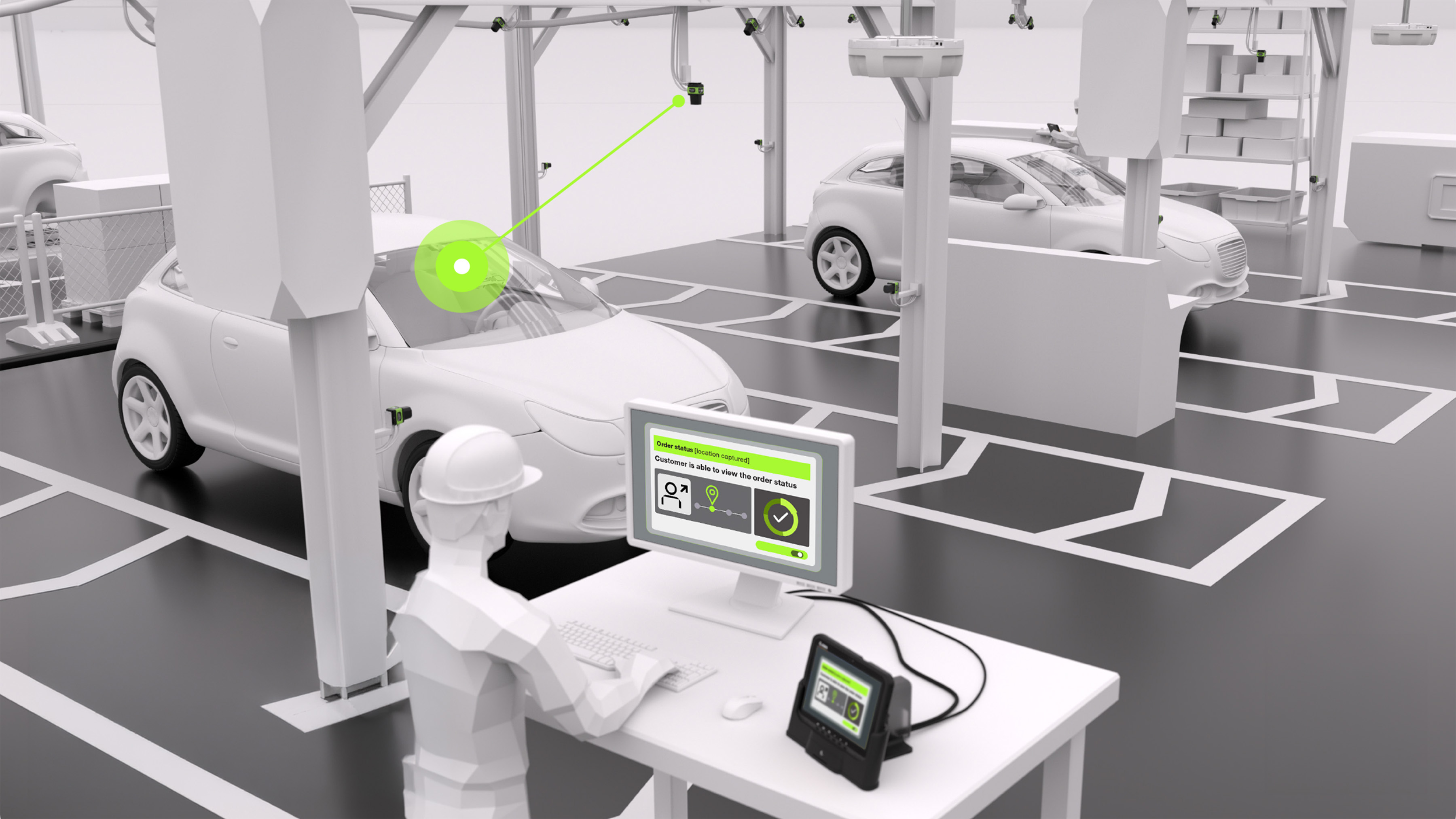An illustration of a factory workstation where an operator reviews the status of a vehicle being tracked by an automated scanning system. The monitor displays that the car's location has been captured and the order status is updated, highlighting a key milestone in a transparent production or service workflow.