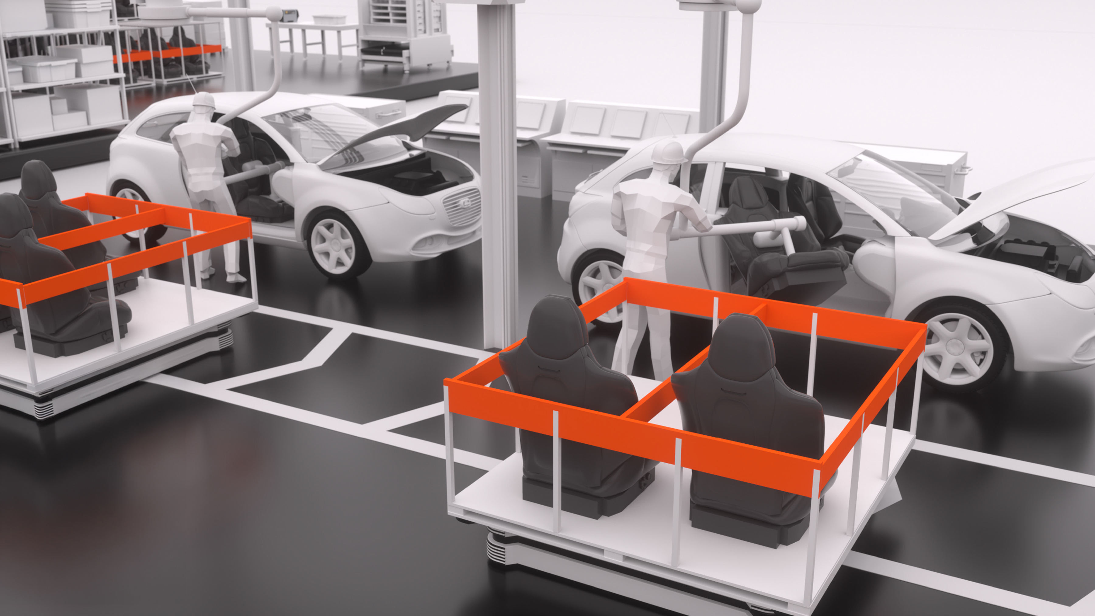 A clean, modern visualization of a factory floor where robotic carts transport parts to human workers who are assembling cars. The image highlights the collaboration between humans and automation in a manufacturing setting.