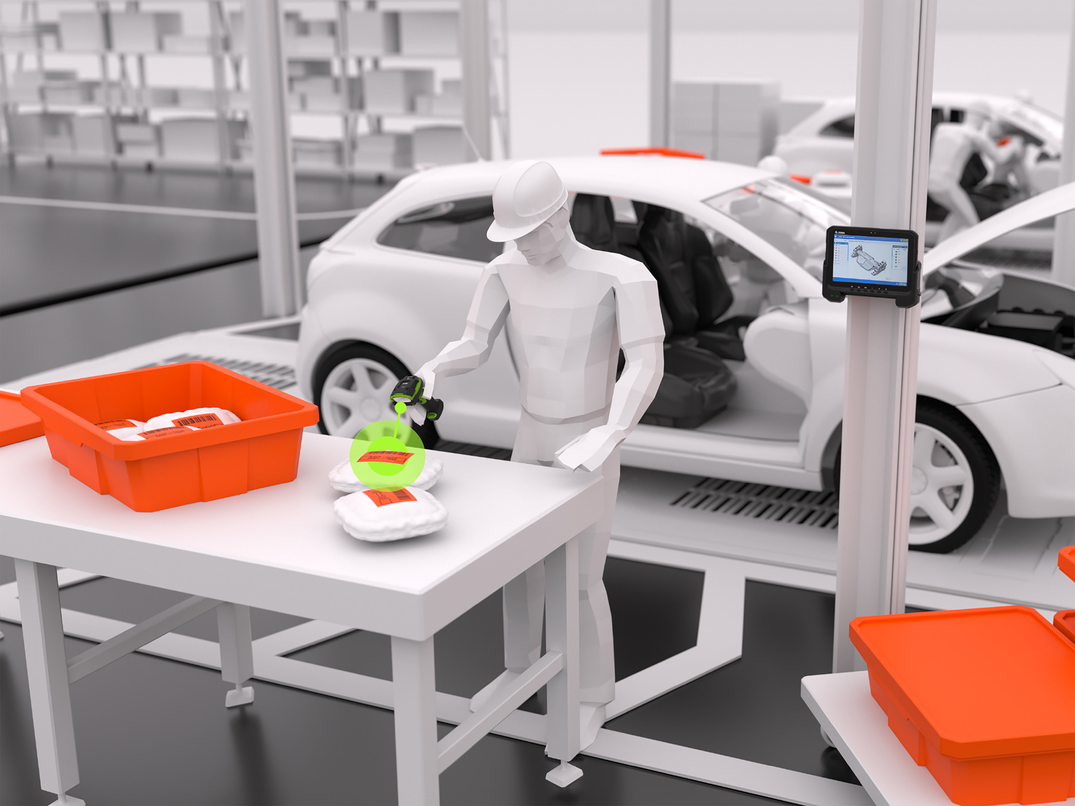 A worker uses a handheld RFID scanner to verify a batch of components in a bin before they are brought to the assembly line for installation.