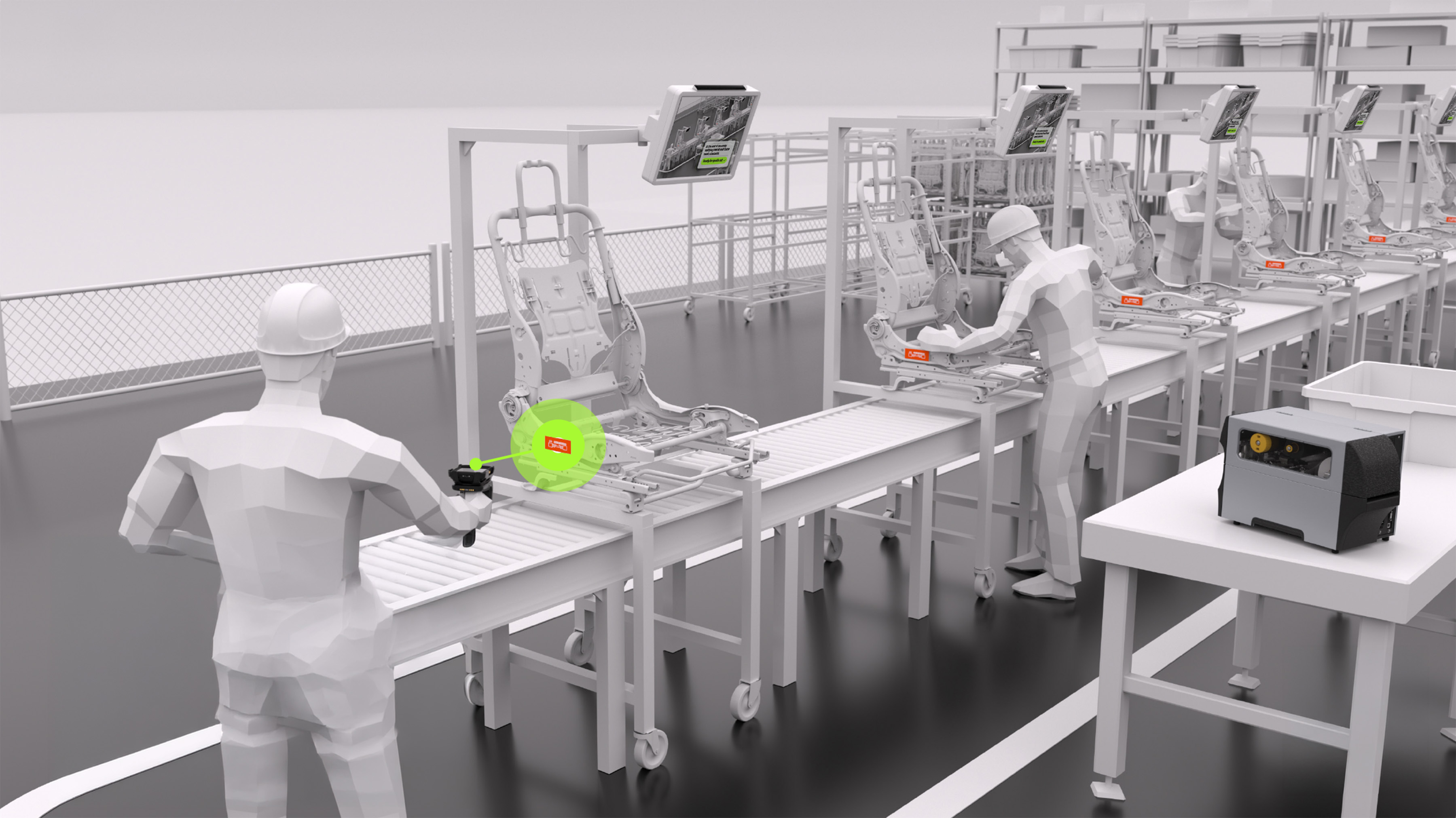 On an automotive component production line, workers use handheld readers to confirm the successful encoding of RFID labels produced by a nearby industrial printer. This process ensures data accuracy at the point of origin for robust supply chain automation.