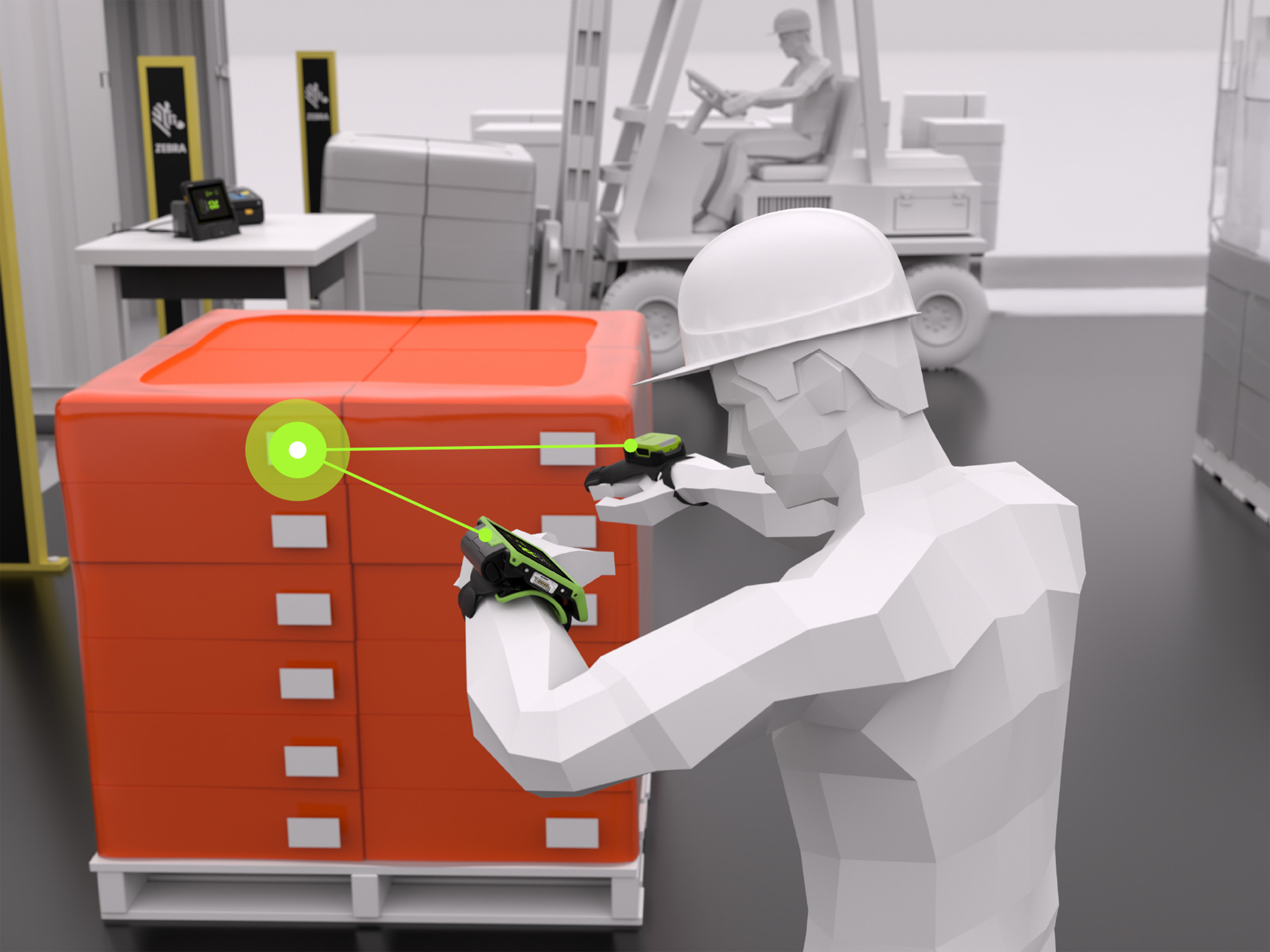 An illustration of a connected worker equipped with Zebra wearable computers and ring scanners on both hands. The image demonstrates a high-efficiency workflow, where the associate can scan and handle materials simultaneously without needing to pick up and put down a traditional handheld device.