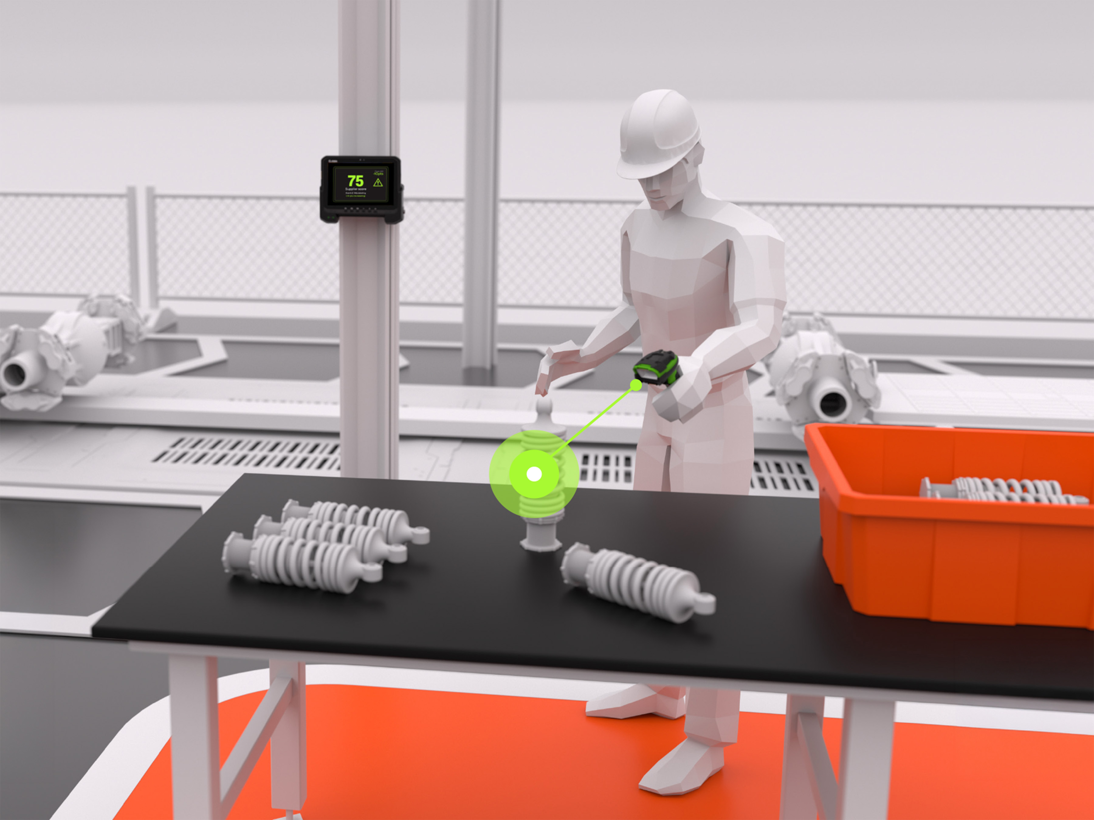 A manufacturing worker uses a Zebra wearable scanner to capture data from individual components at a workbench. This hands-free scanning process provides effortless part traceability and feeds data into the quality management system, as shown on the nearby screen displaying a real-time supplier score. This solution helps error-proof assembly and provides granular visibility into every part.