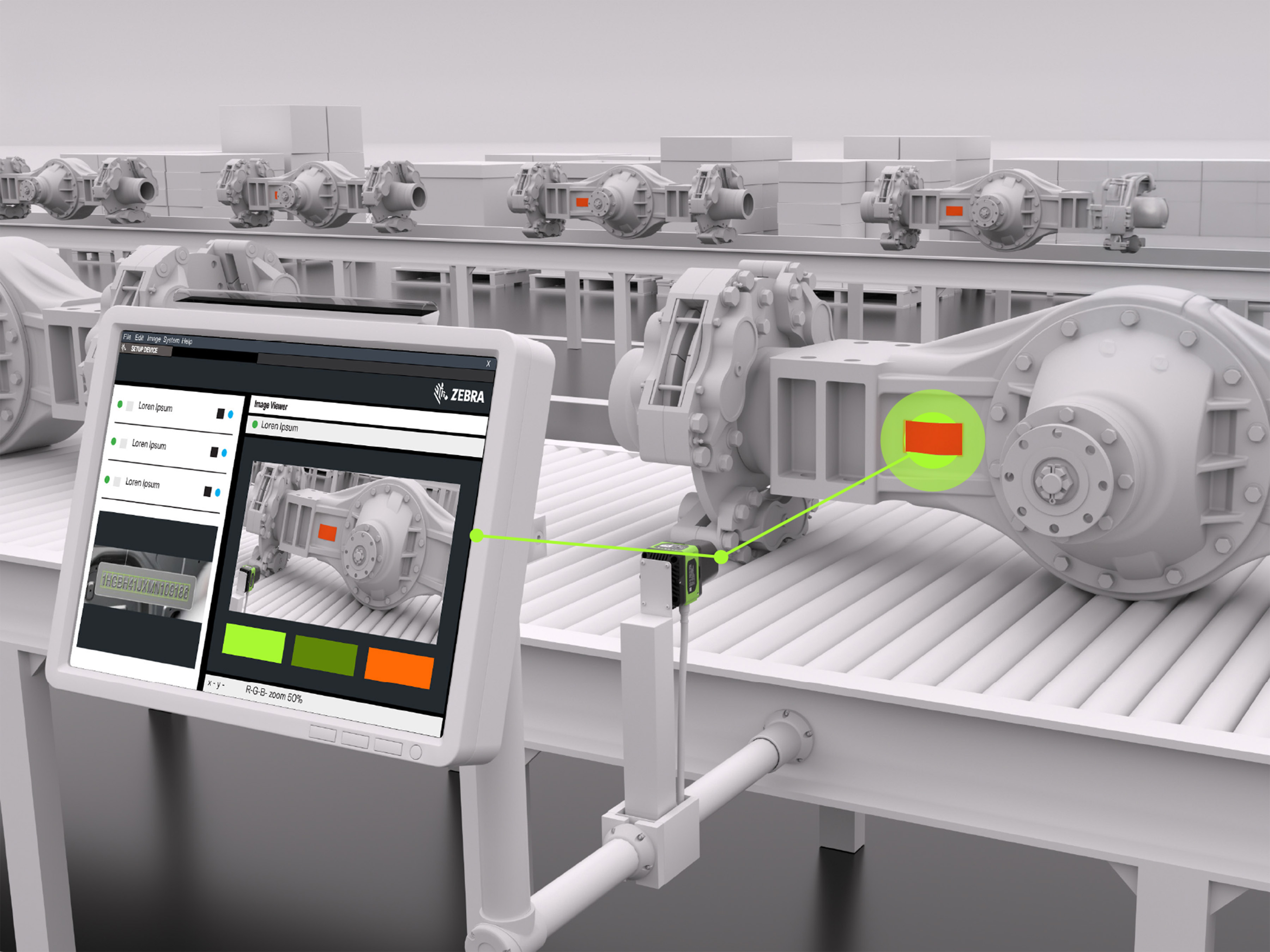 A Zebra machine vision system is shown analyzing a vehicle component on a conveyor. The fixed scanner automatically reads the part's unique identifier while simultaneously verifying a key feature, demonstrating a multi-point inspection process. The live image analysis is displayed for an operator, providing immediate feedback for process control and quality assurance.