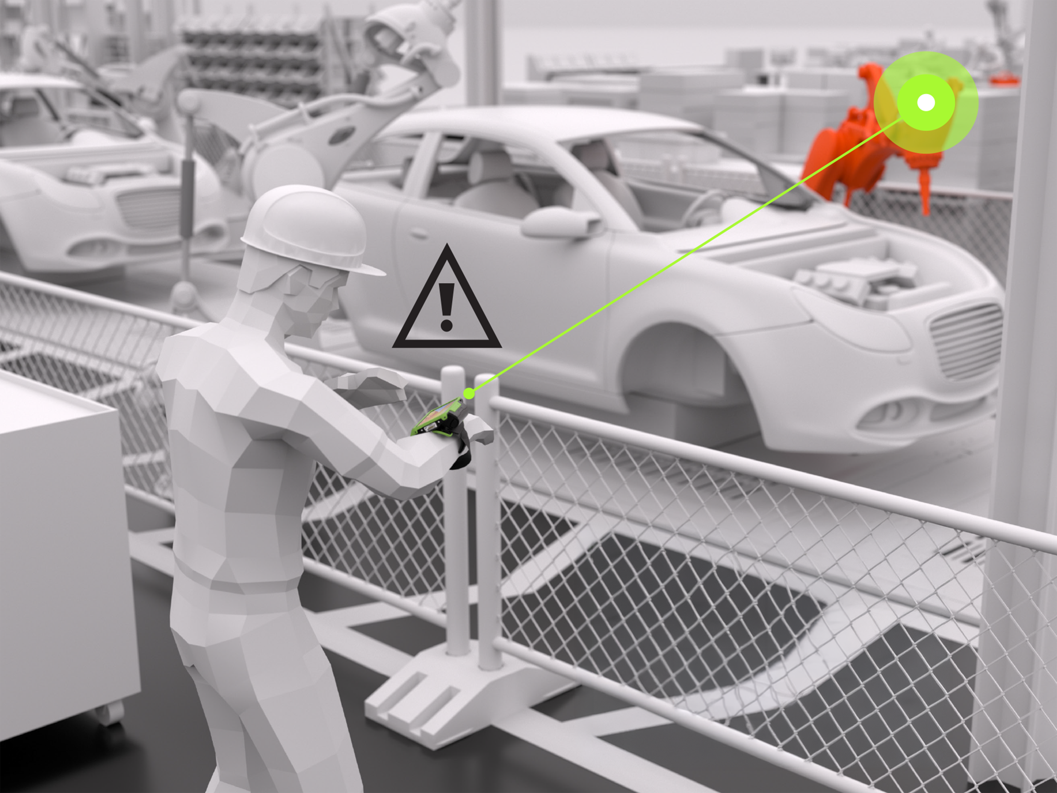 A worker uses a handheld scanner to locate a specific tool on the factory floor, with an on-screen alert indicating a geofencing boundary.