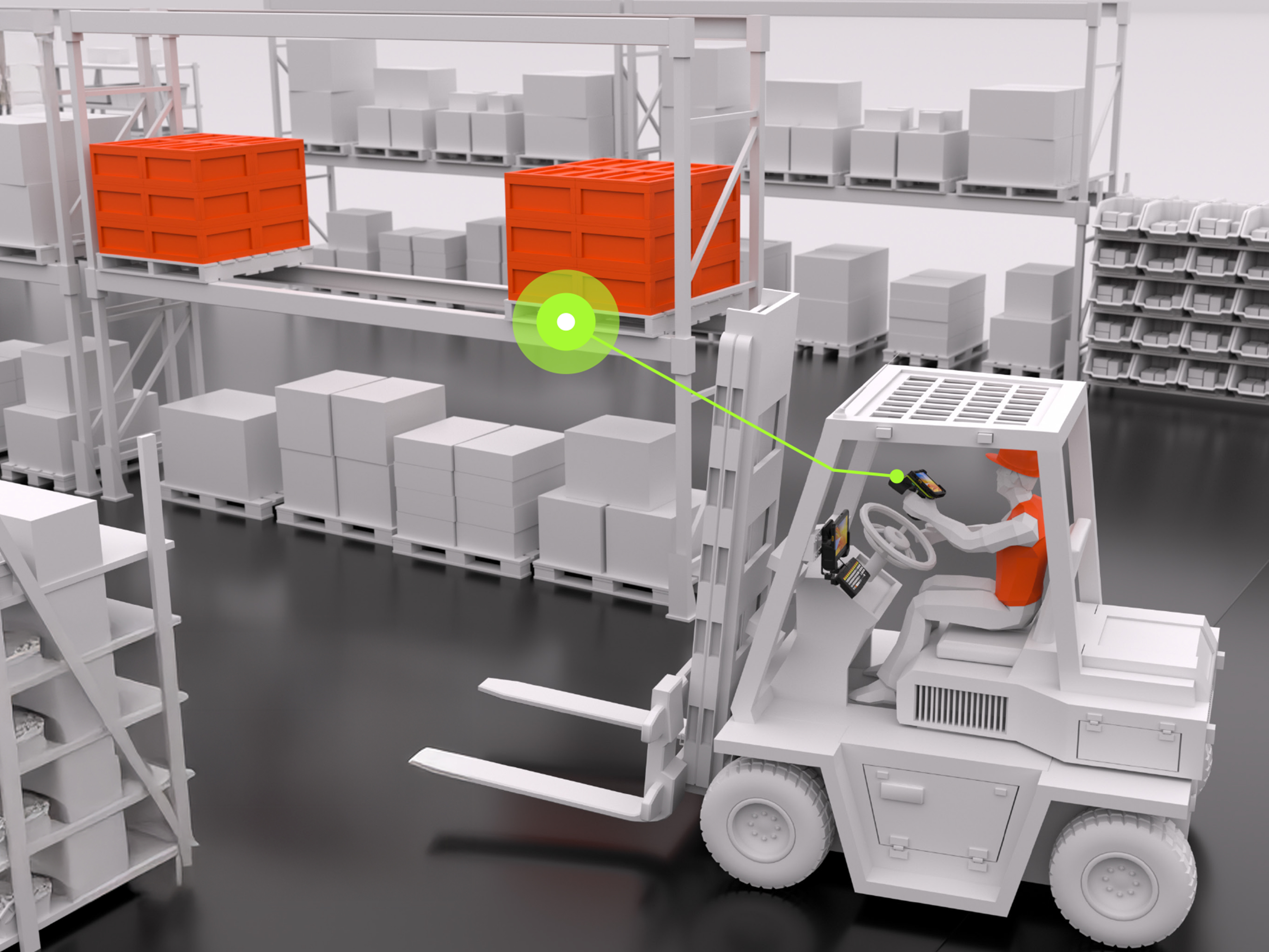 A forklift operator uses a Zebra mobile computer, like the TC5 Series with an RFD40 RFID sled, to conduct rapid cycle counts and identify low stock levels in the warehouse. This triggers an automated replenishment request, replacing inaccurate manual counts and preventing the stockouts that lead to production delays.